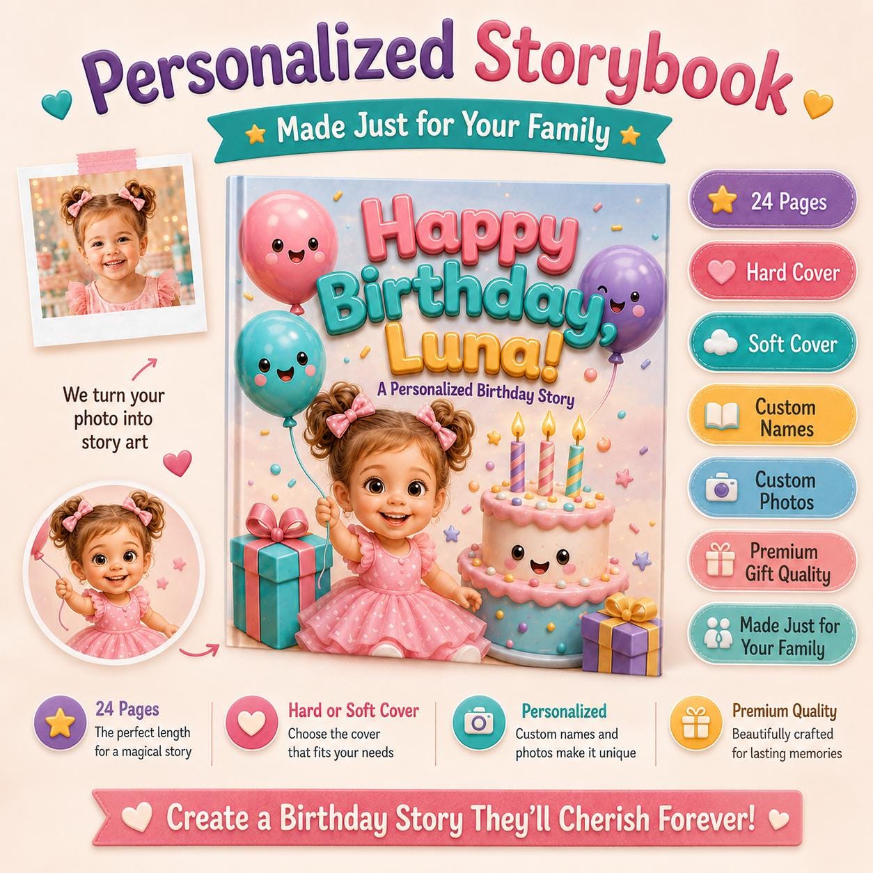 Personalised Happy Birthday 3D Effect Children Book, Custom Name Happy Birthday Boy Girl, Birthday StoryBook Gift From Mom Dad Aunt Uncle