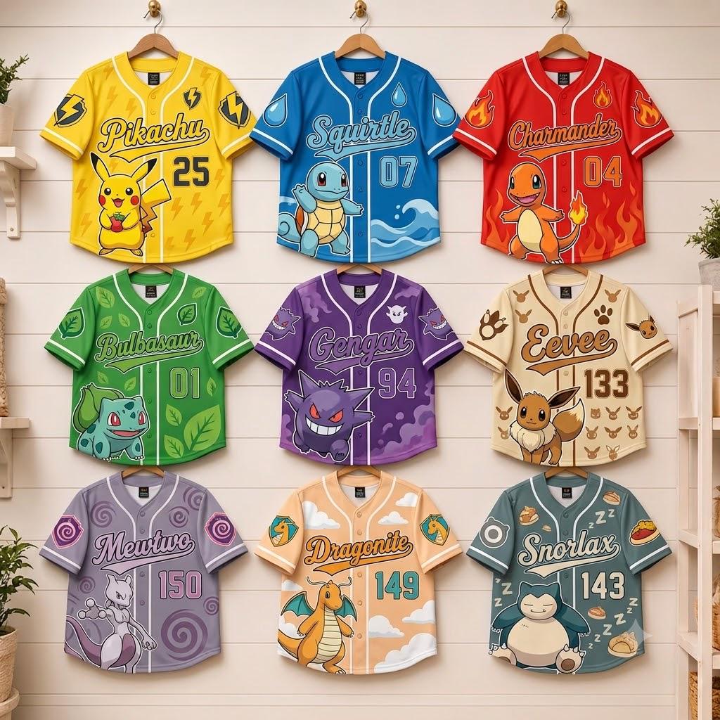 Personalized Pokemon Baseball Jersey, Custom Pikachu Baseball Shirt, Anime Family Matching Character Apparel