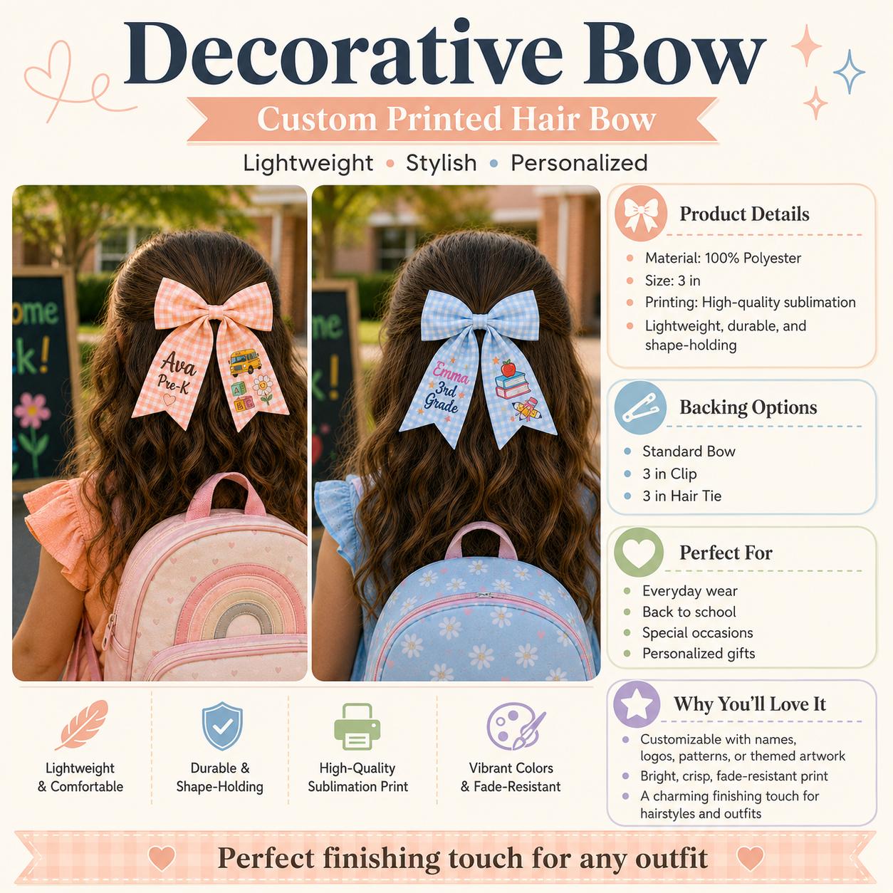 Personalized Back to School Hair Bow, Custom Name and Grade, First Day Girls Gift