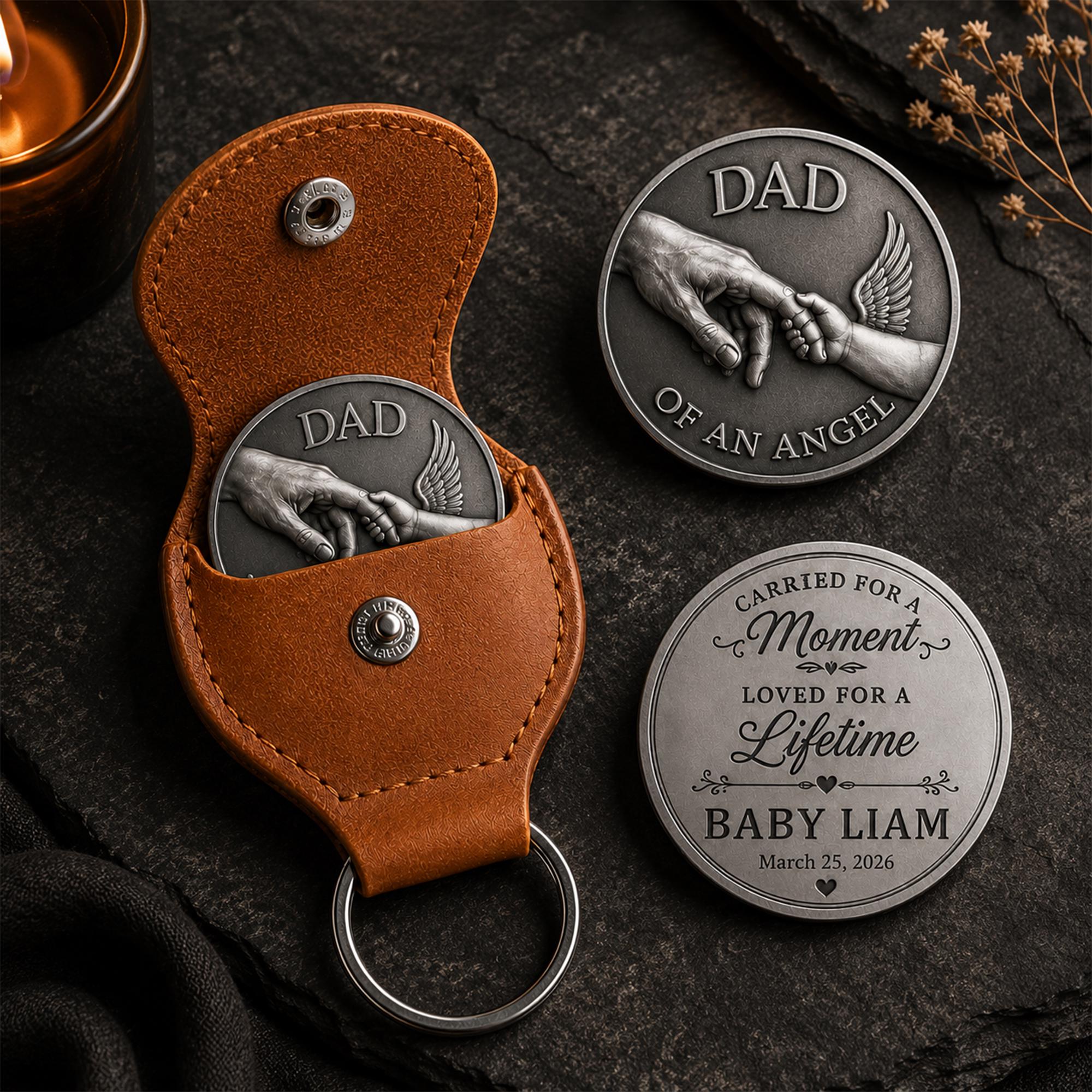 Personalized Dad Memorial Coin, Angel Baby Loss Keepsake Token, Custom Pregnancy Loss Gift With Leather Keychain Holder
