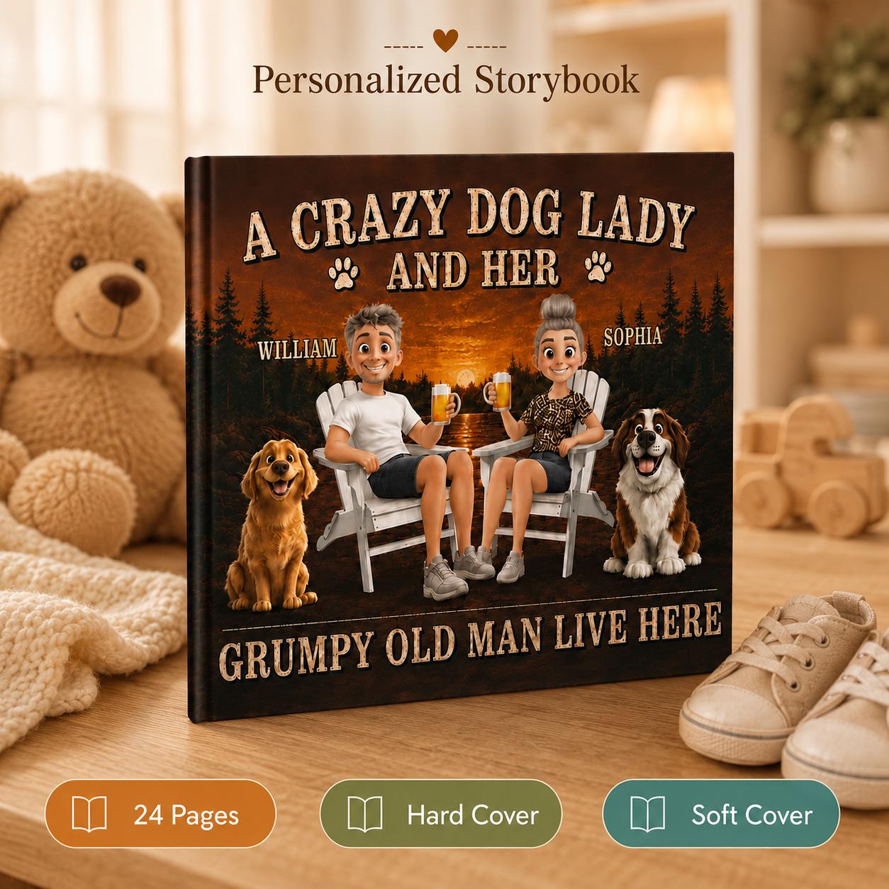 Personalized Grumpy Old Man Lake And Her Story Book, Crazy Dog Lady Book Gift, Dog Couple Retirement Gift, Dog Lovers, Wedding Book Gift