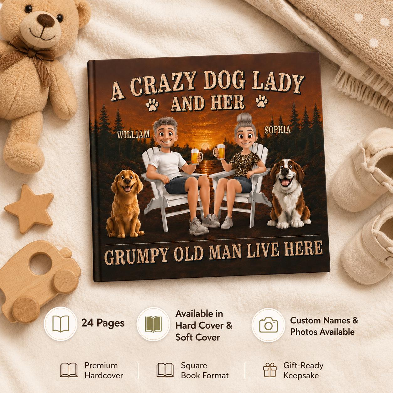 Personalized Grumpy Old Man Lake And Her Story Book, Crazy Dog Lady Book Gift, Dog Couple Retirement Gift, Dog Lovers, Wedding Book Gift