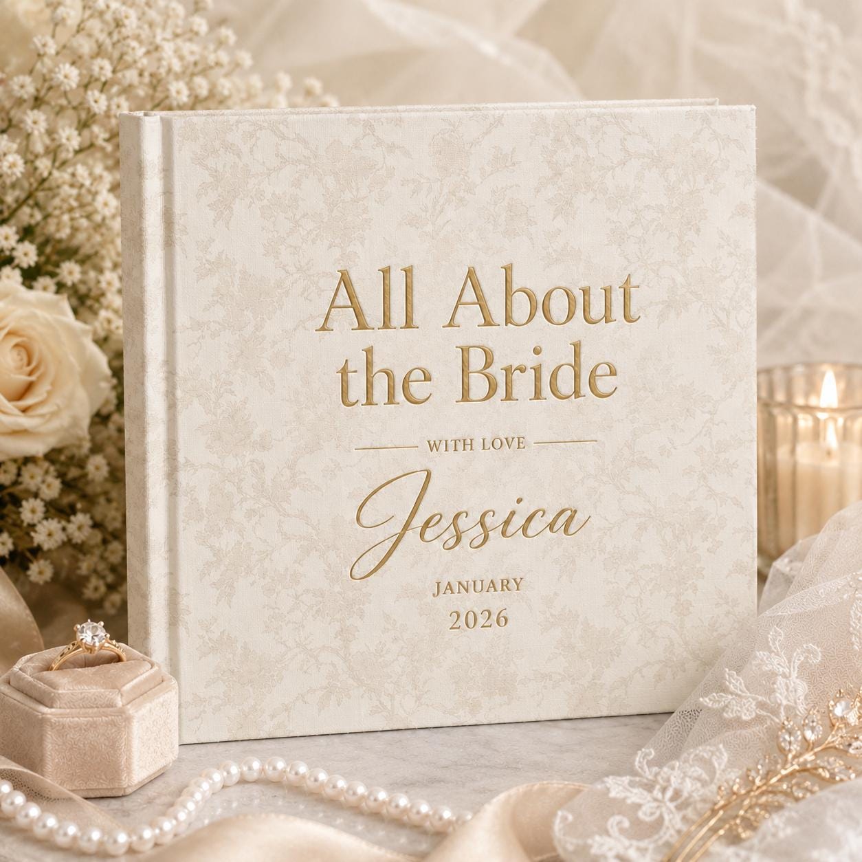 Personalized Vintage Floral Letters to the Bride Scrapbook, Custom Name Gold Foil Bridal Shower Album Gifts, Custom Elegant Hen Do Scrapbook