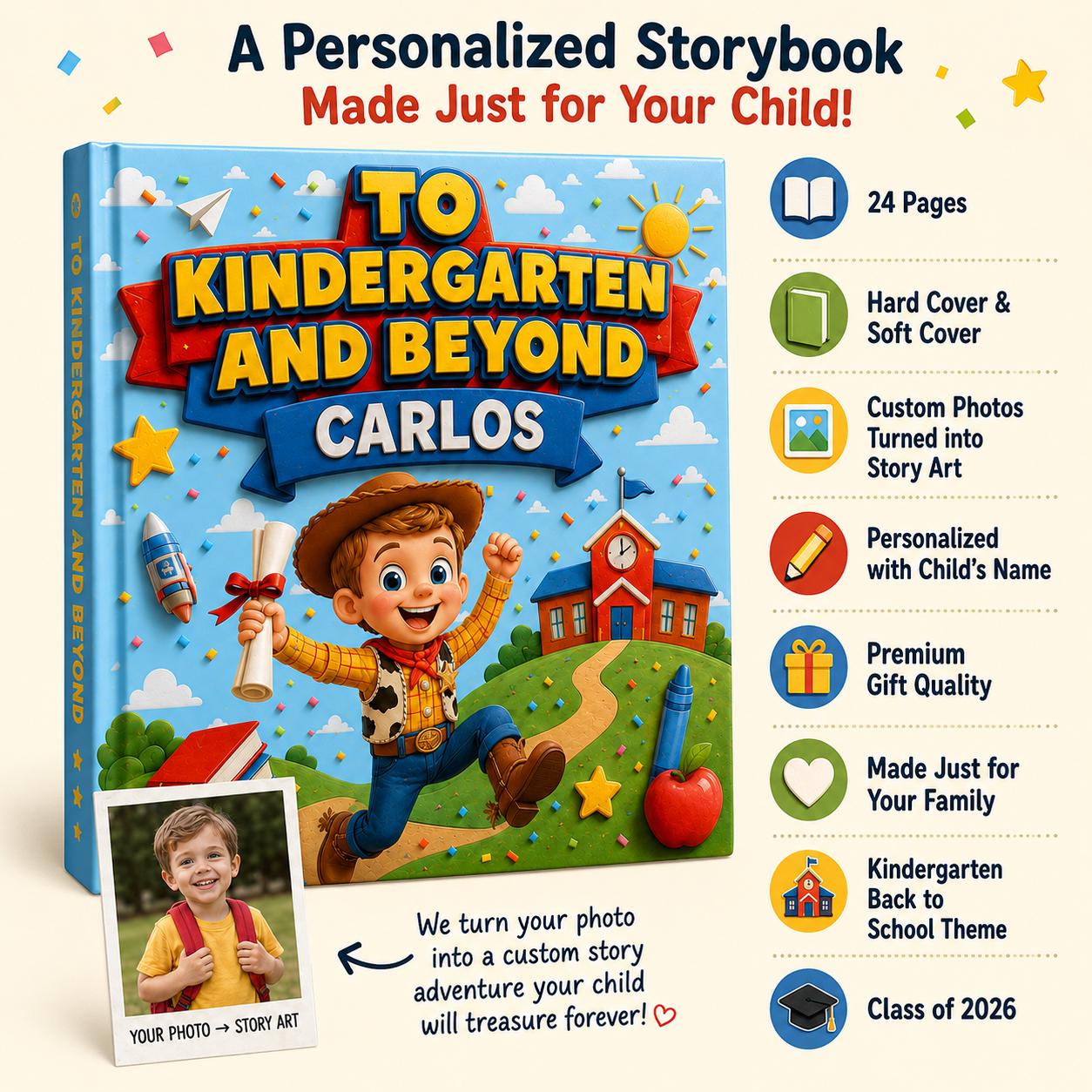 Personalized To Kindergarten And Beyond Book, Gift For Boy Girl Kids, Custom Name Kids Book, Back to School, Graduation Kindergarten Gift