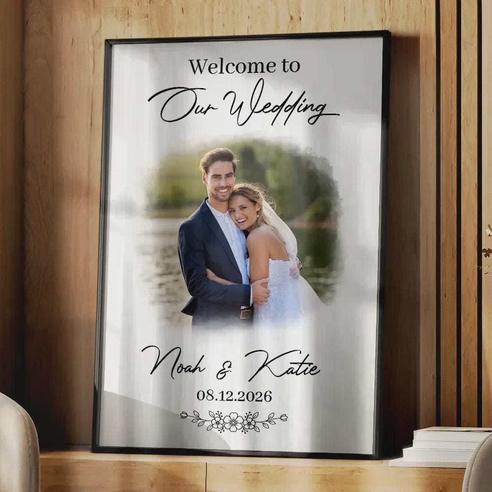 Personalized Wedding Welcome Poster Canvas, Couple Photo Sign, Anniversary Wedding Decor