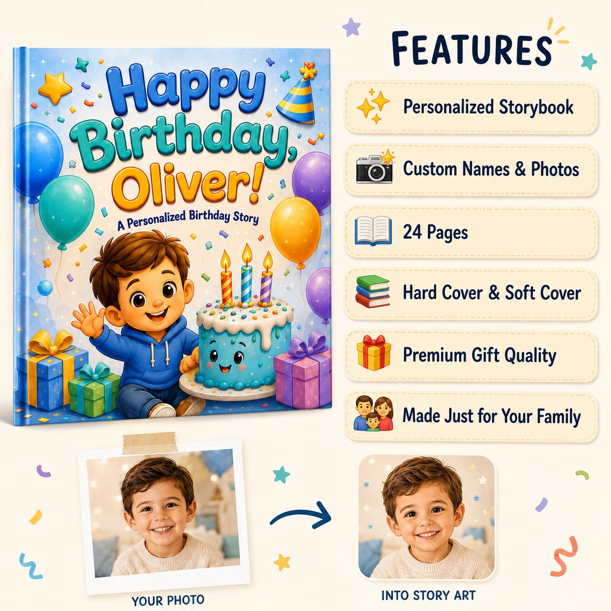 Personalized Happy Birthday Book, Gift for Boys Girl Toddler, Custom Name Children's Storybook, Birthday Gift for Kids, Custom Photo Story