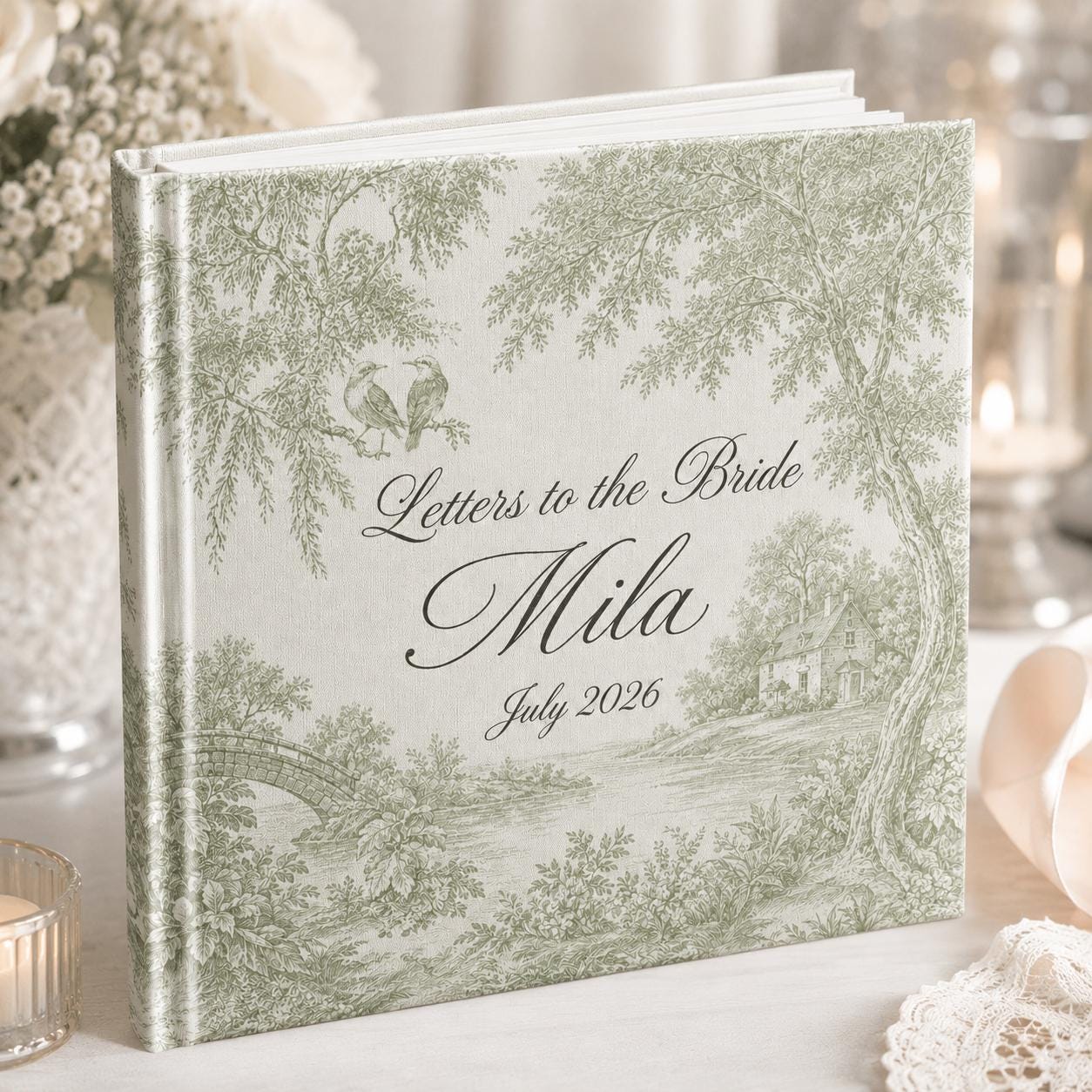 Personalized Letters To The Bride Wedding Scrapbook, Custom Elegant Wedding Keepsake, Vintage Green Toile Vow Books Bride and Groom Gift