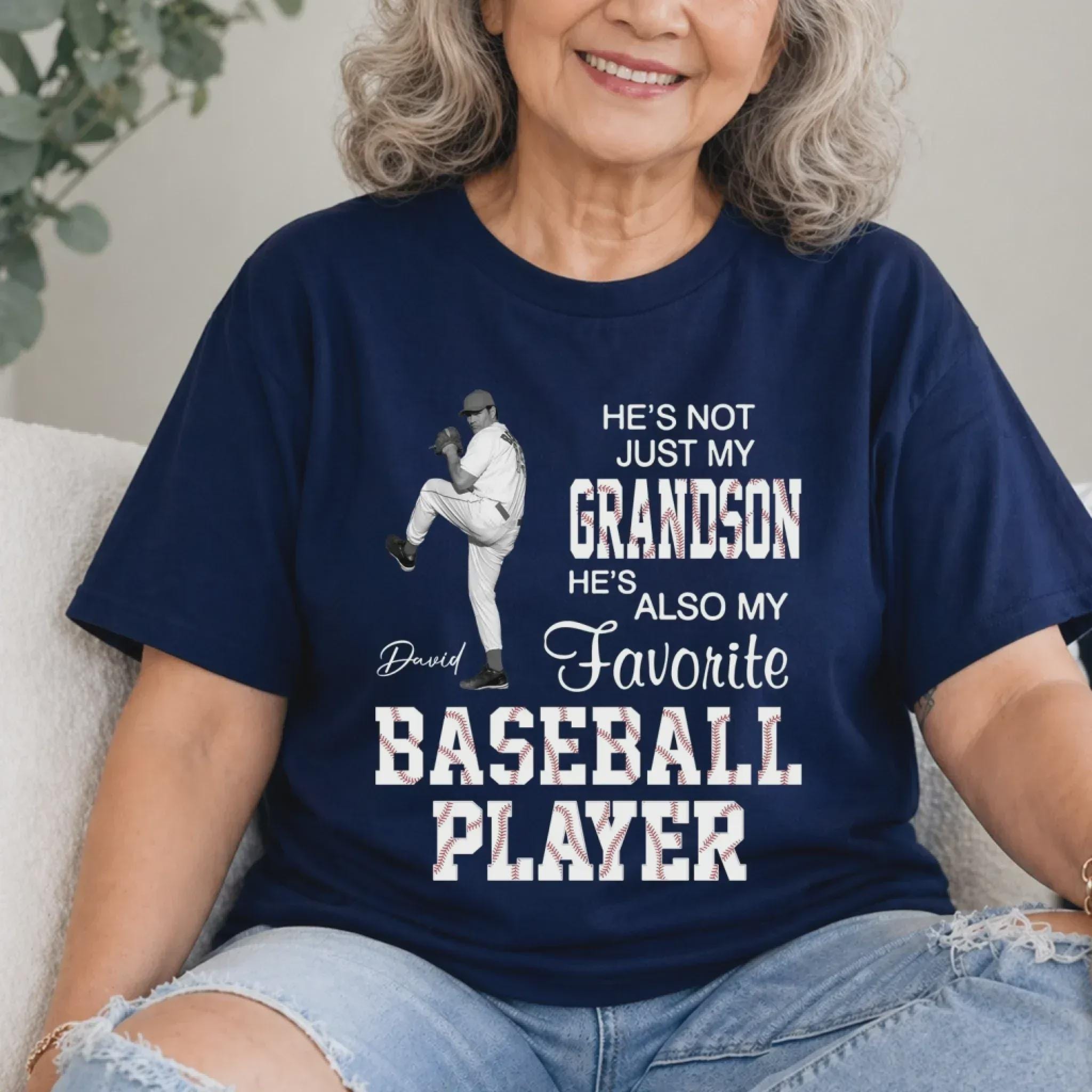 Personalized He's Not Just My Son He Also My Favorite Baseball Player Shirt, Photo Tee for Grandson, Son Grandma Mom Gift, Baseball Game Day