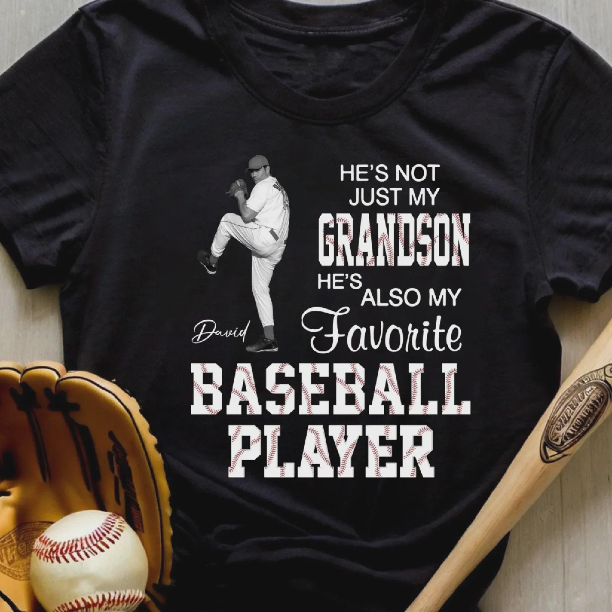 Personalized He's Not Just My Son He Also My Favorite Baseball Player Shirt, Photo Tee for Grandson, Son Grandma Mom Gift, Baseball Game Day
