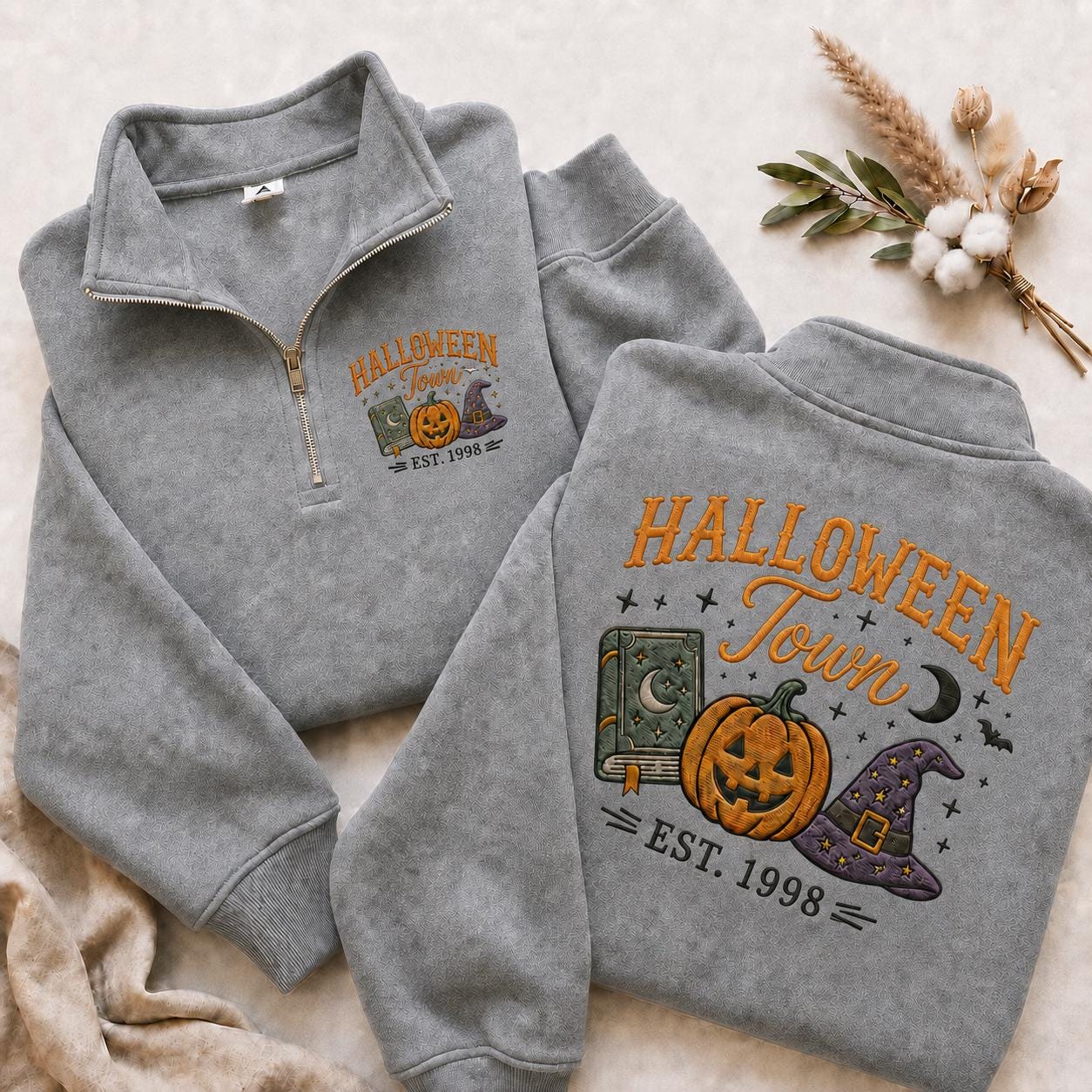 Embroidered Halloween Town Quarter Zip Sweatshirt, Spooky Pumpkin Witch Hat Est 1998