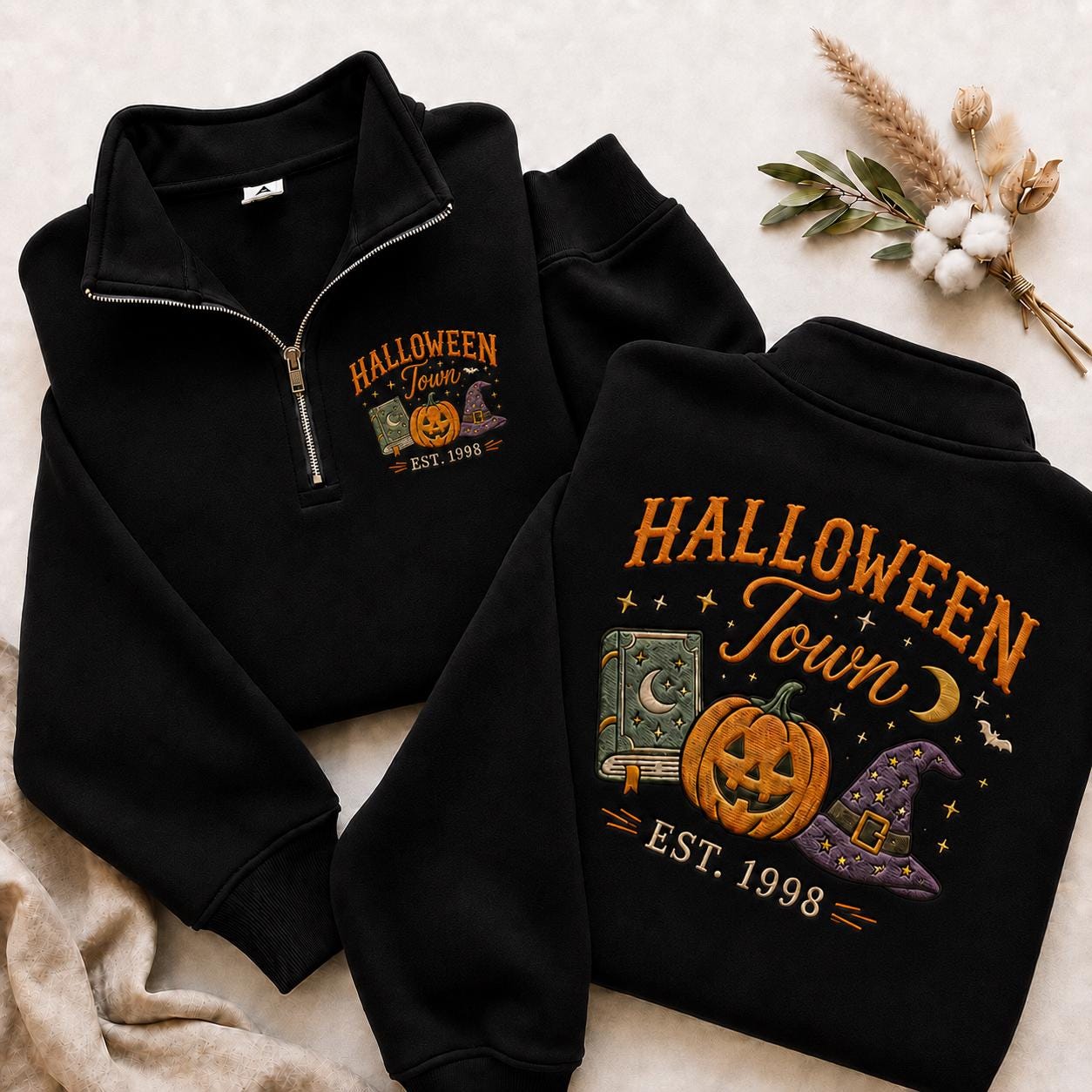 Embroidered Halloween Town Quarter Zip Sweatshirt, Spooky Pumpkin Witch Hat Est 1998