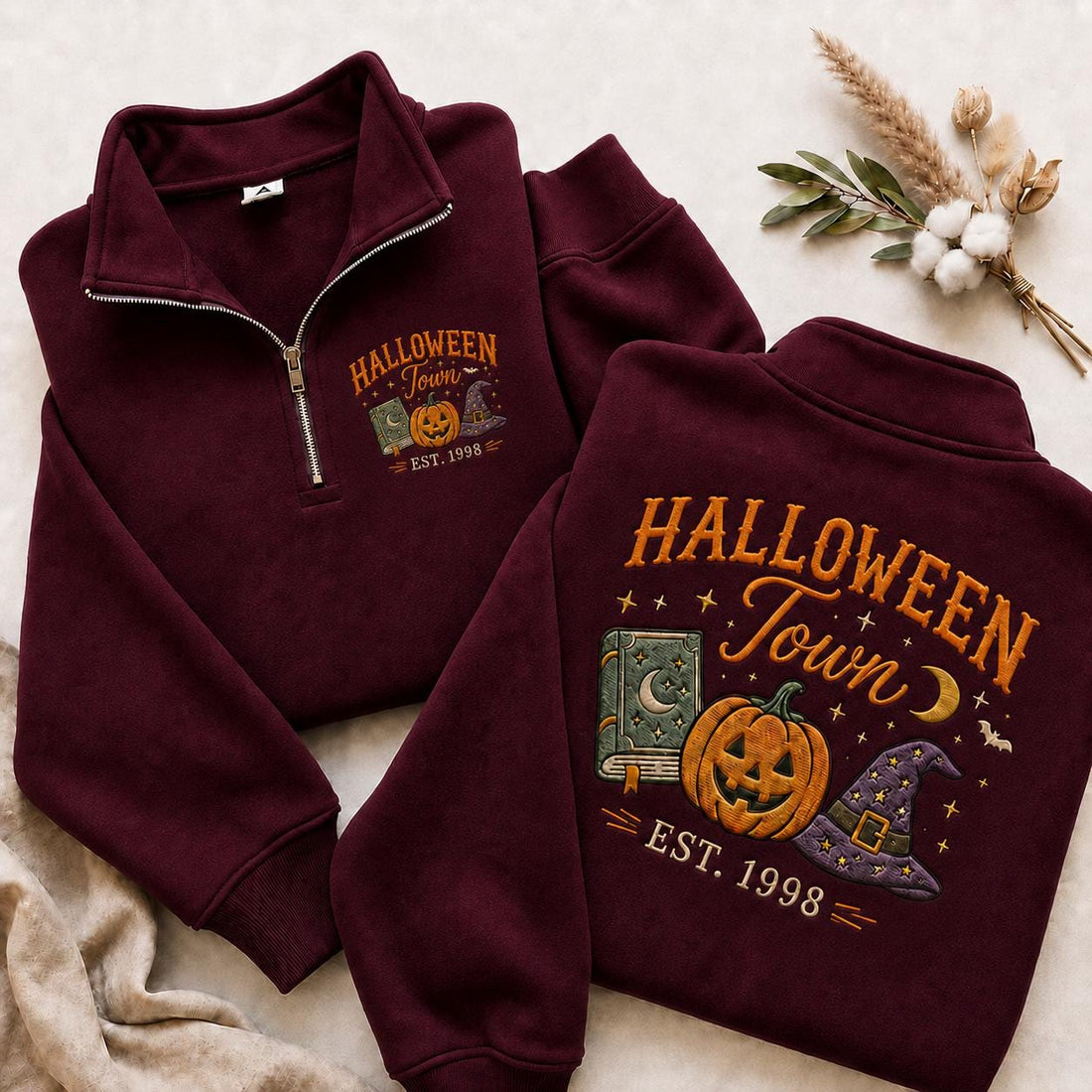Embroidered Halloween Town Quarter Zip Sweatshirt, Spooky Pumpkin Witch Hat Est 1998