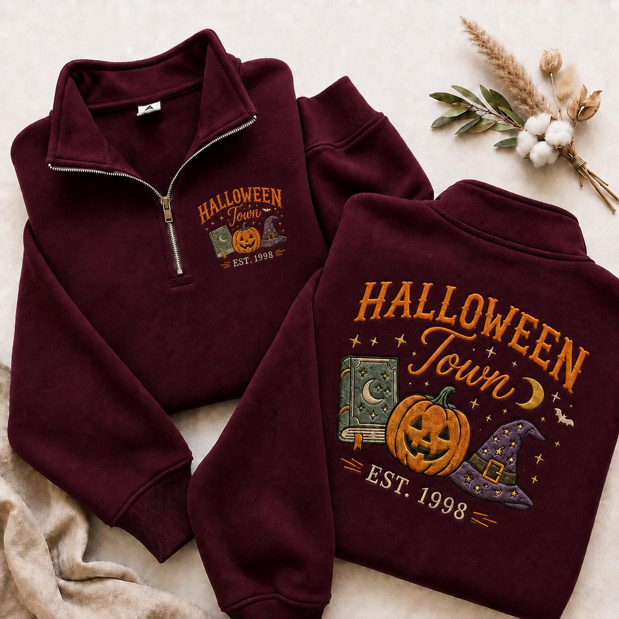 Embroidered Halloween Town Quarter Zip Sweatshirt, Spooky Pumpkin Witch Hat Est 1998