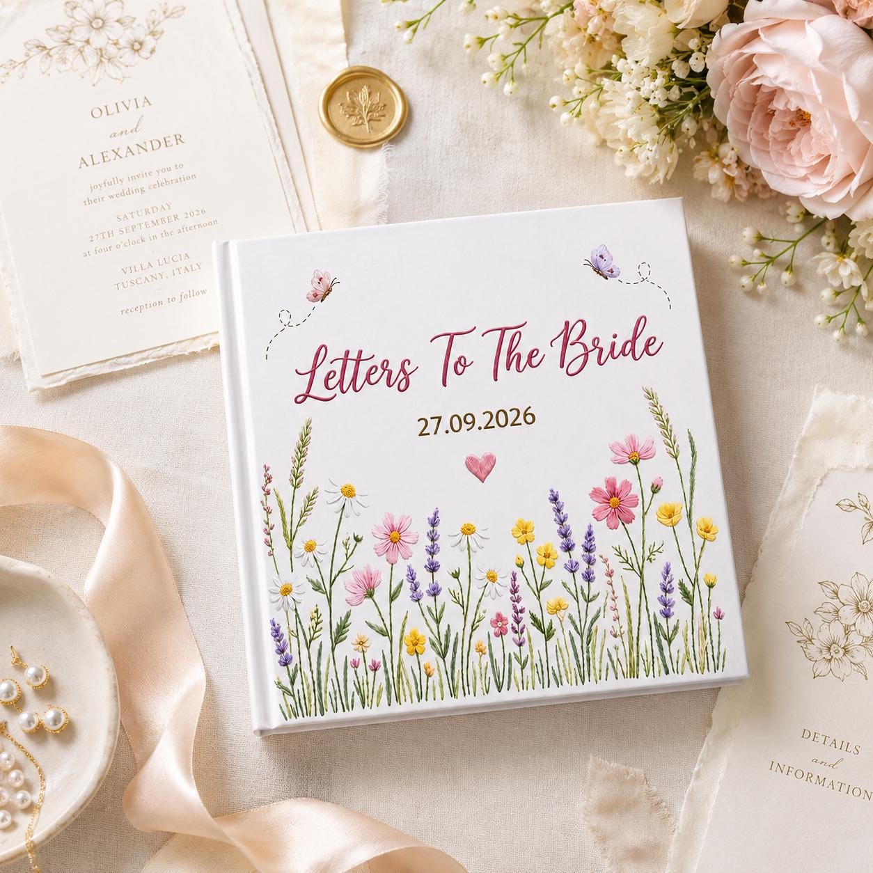 Personalized Wedding Guest Wedding Book, Custom Name Engagement and Anniversary Flower Scrapbook