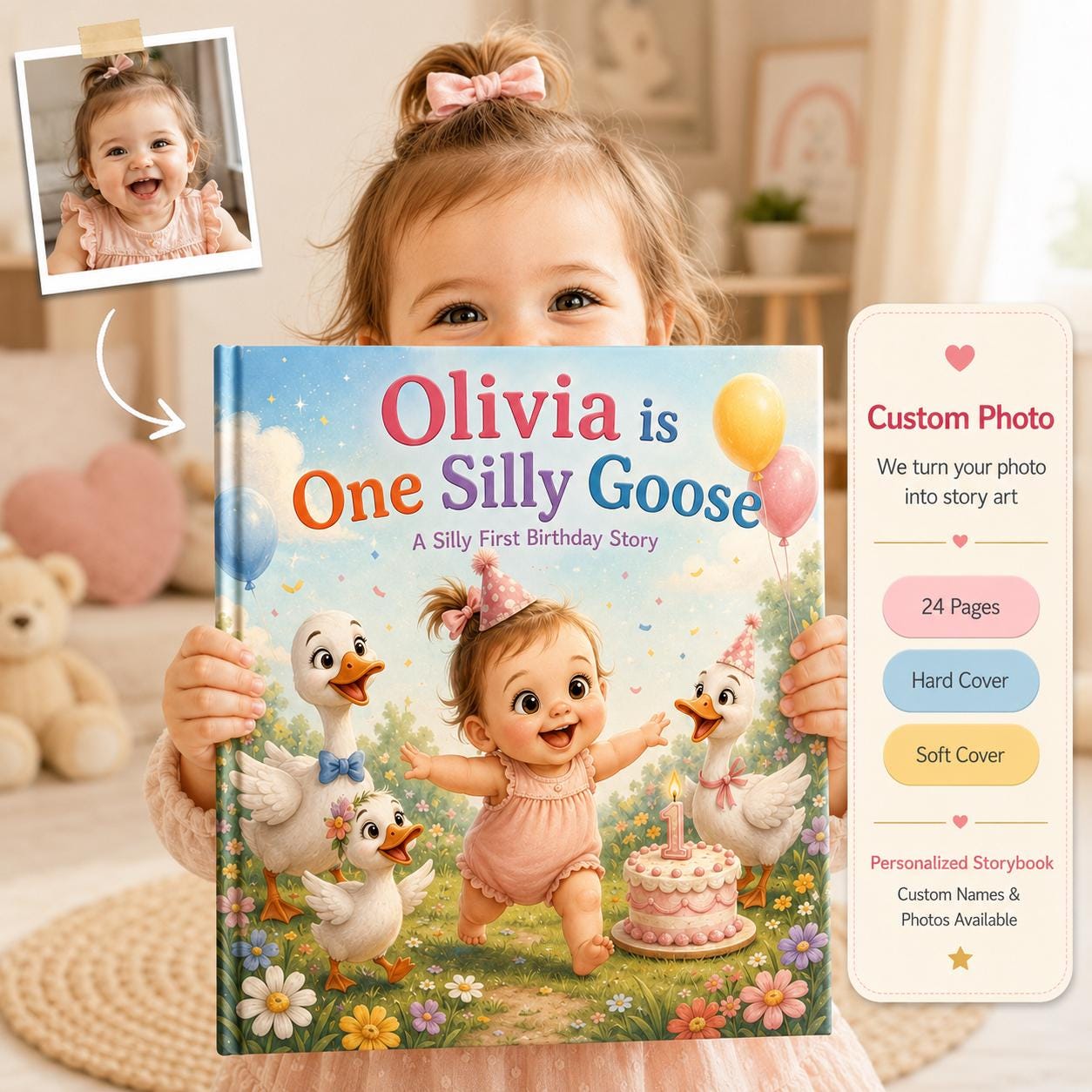 Personalized One Silly Goose Children Book, Baby Memory Book, Custom Name And Photo Kids Book, 1st Birthday Keepsake, Silly Goose Birthday