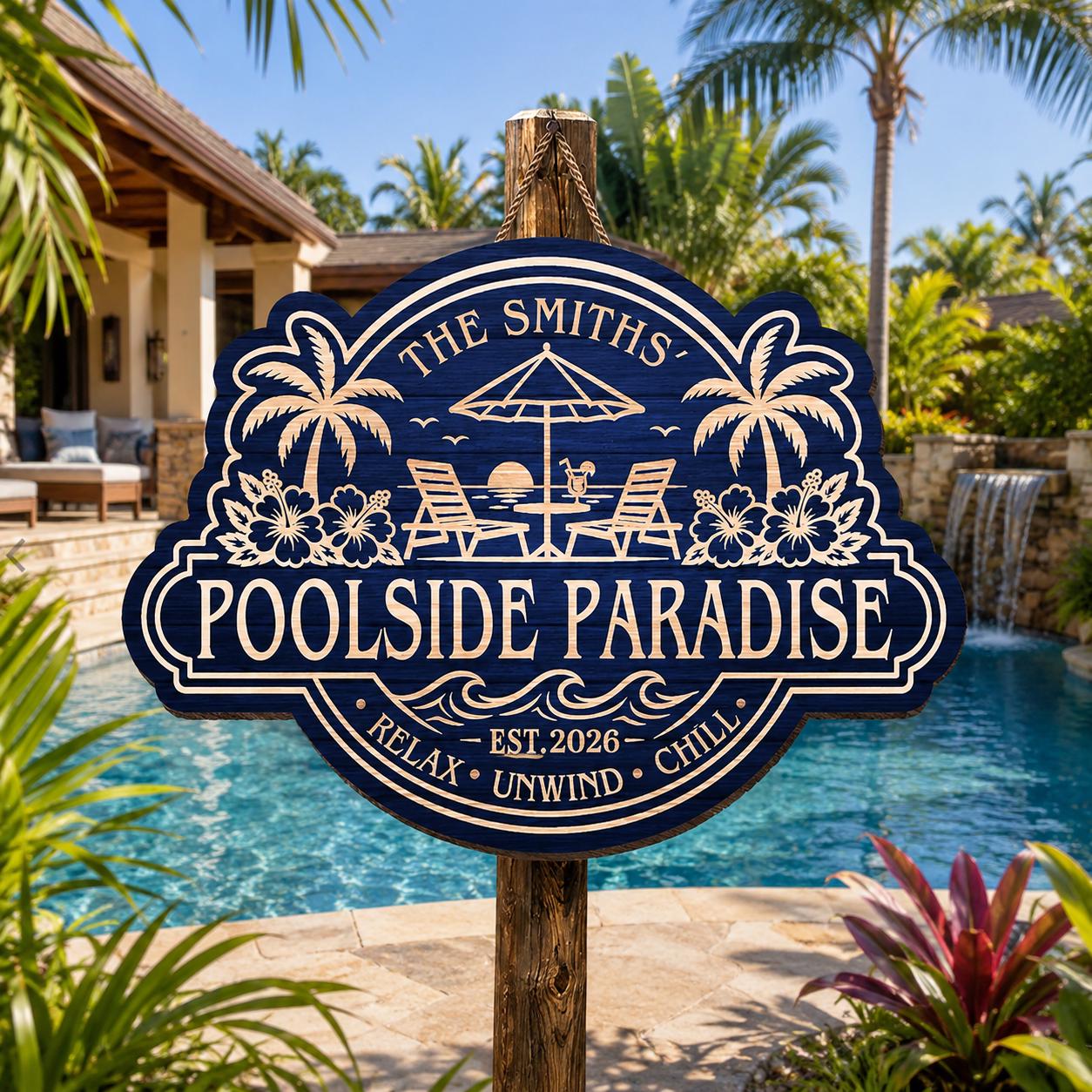 Personalized Poolside Paradise  Wood Sign, Custom Family Name Pool Decor, Relax Unwind Chill Backyard Patio Sign, Gifts For Mom, Dad, Kids