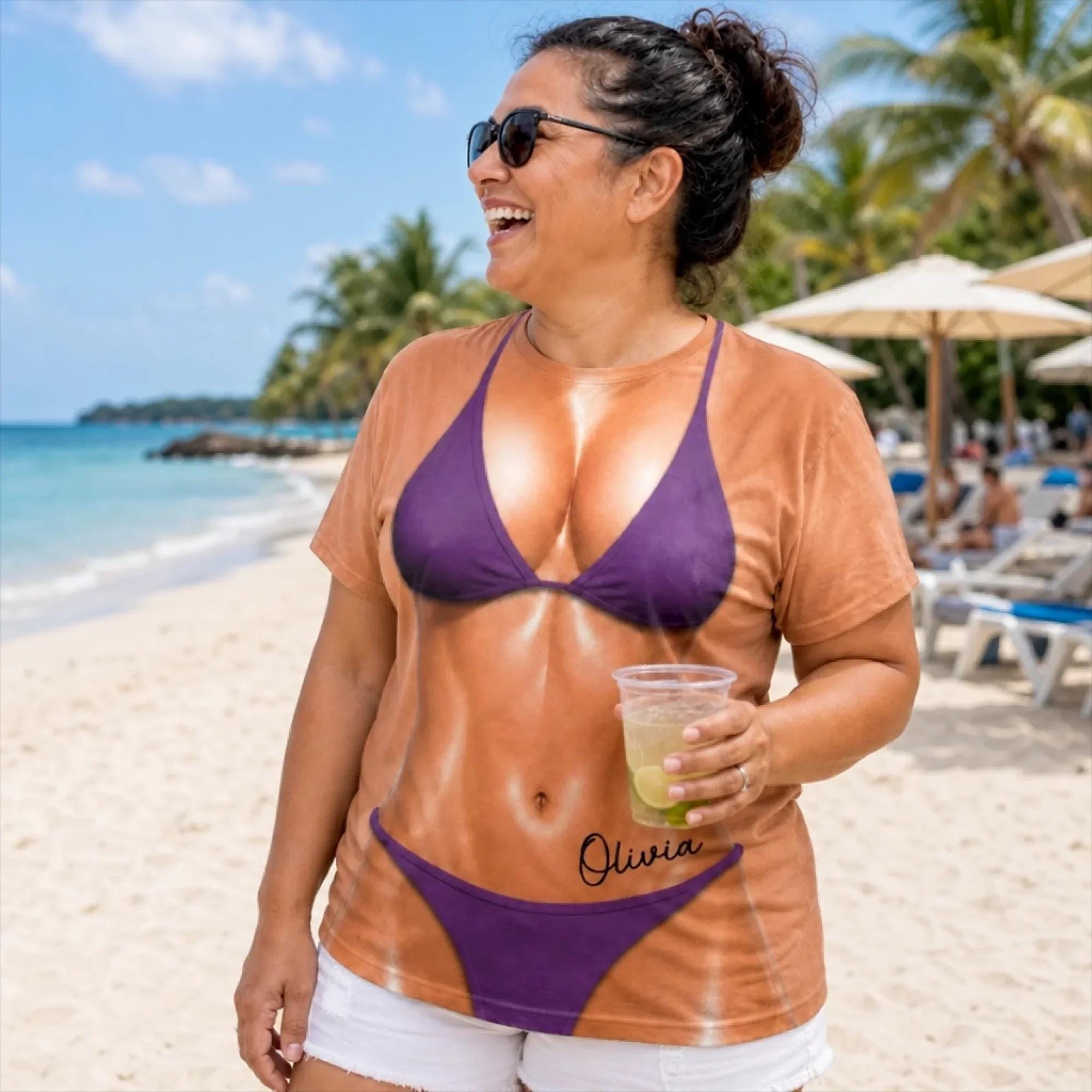 Personalized Bikini Body Shirt, Custom Name Swimsuit Illusion Tee, Funny Beach Vacation Gift For Women