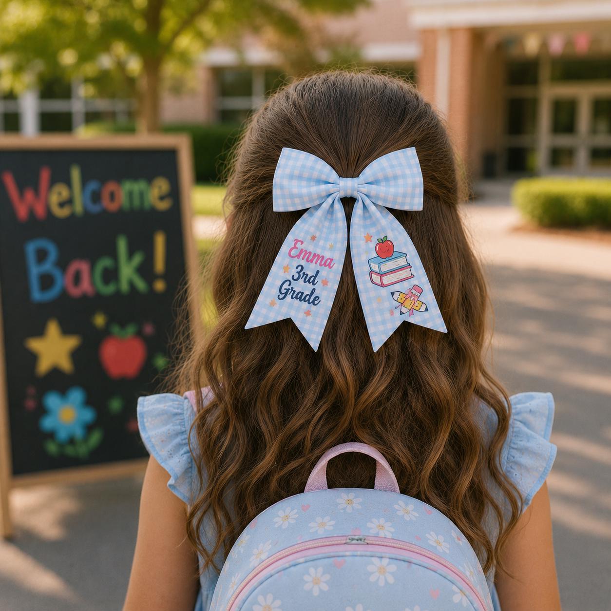 Personalized Back to School Hair Bow, Custom Name and Grade, First Day Girls Gift