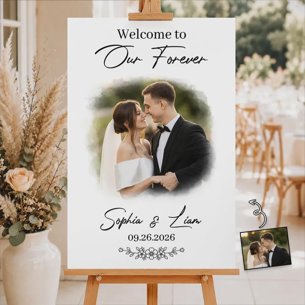 Personalized Wedding Welcome Poster Canvas, Couple Photo Sign, Anniversary Wedding Decor