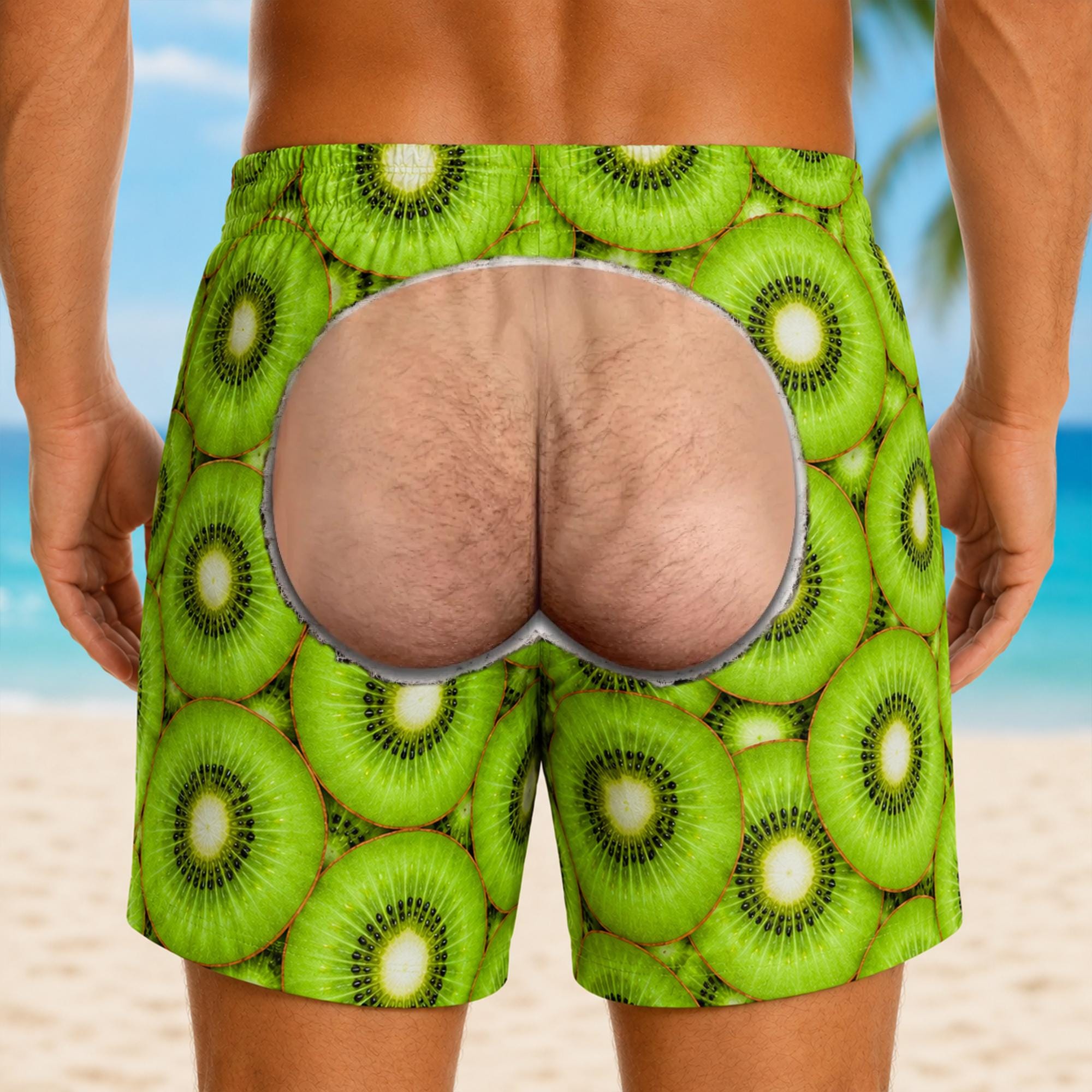 Funny 3D Butt Swim Trunks for Men, Fruit Print Beach Shorts, Bachelor Party Gag Gift For Him
