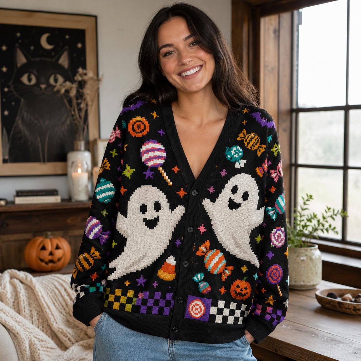 Retro Ghost Cardigan, Colorful Halloween Candy Pattern, Trick or Treat Outfit