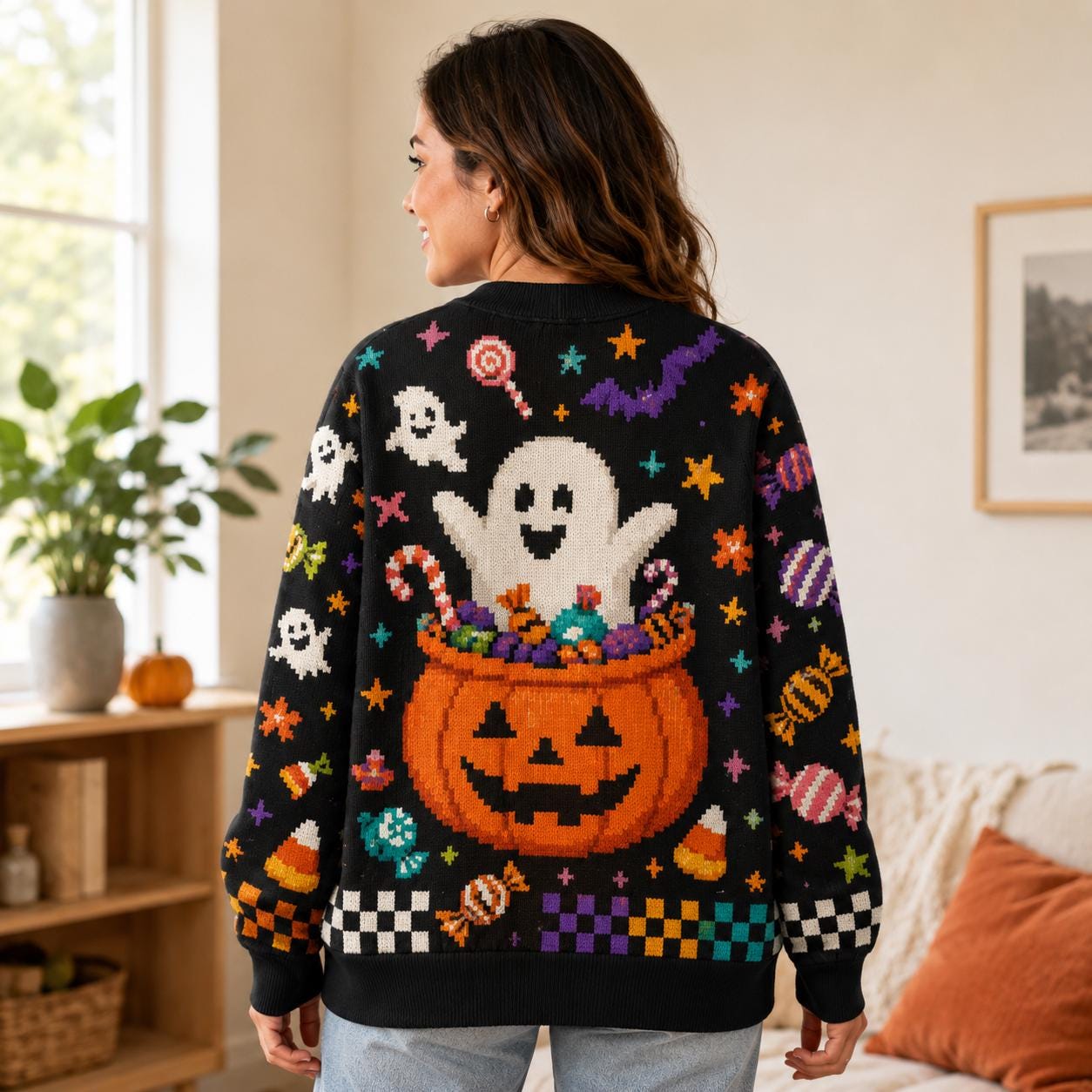 Retro Ghost Cardigan, Colorful Halloween Candy Pattern, Trick or Treat Outfit