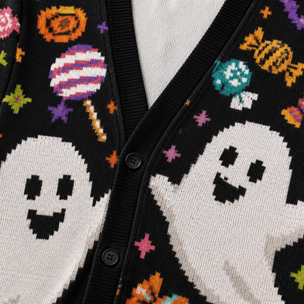 Retro Ghost Cardigan, Colorful Halloween Candy Pattern, Trick or Treat Outfit