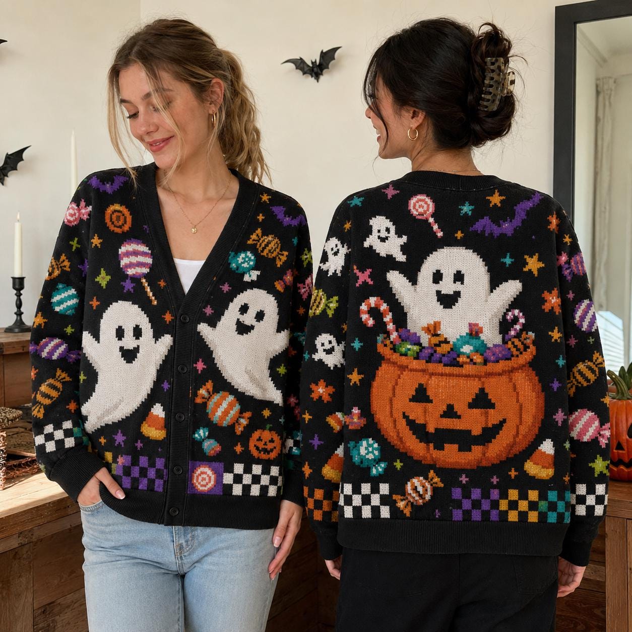 Retro Ghost Cardigan, Colorful Halloween Candy Pattern, Trick or Treat Outfit