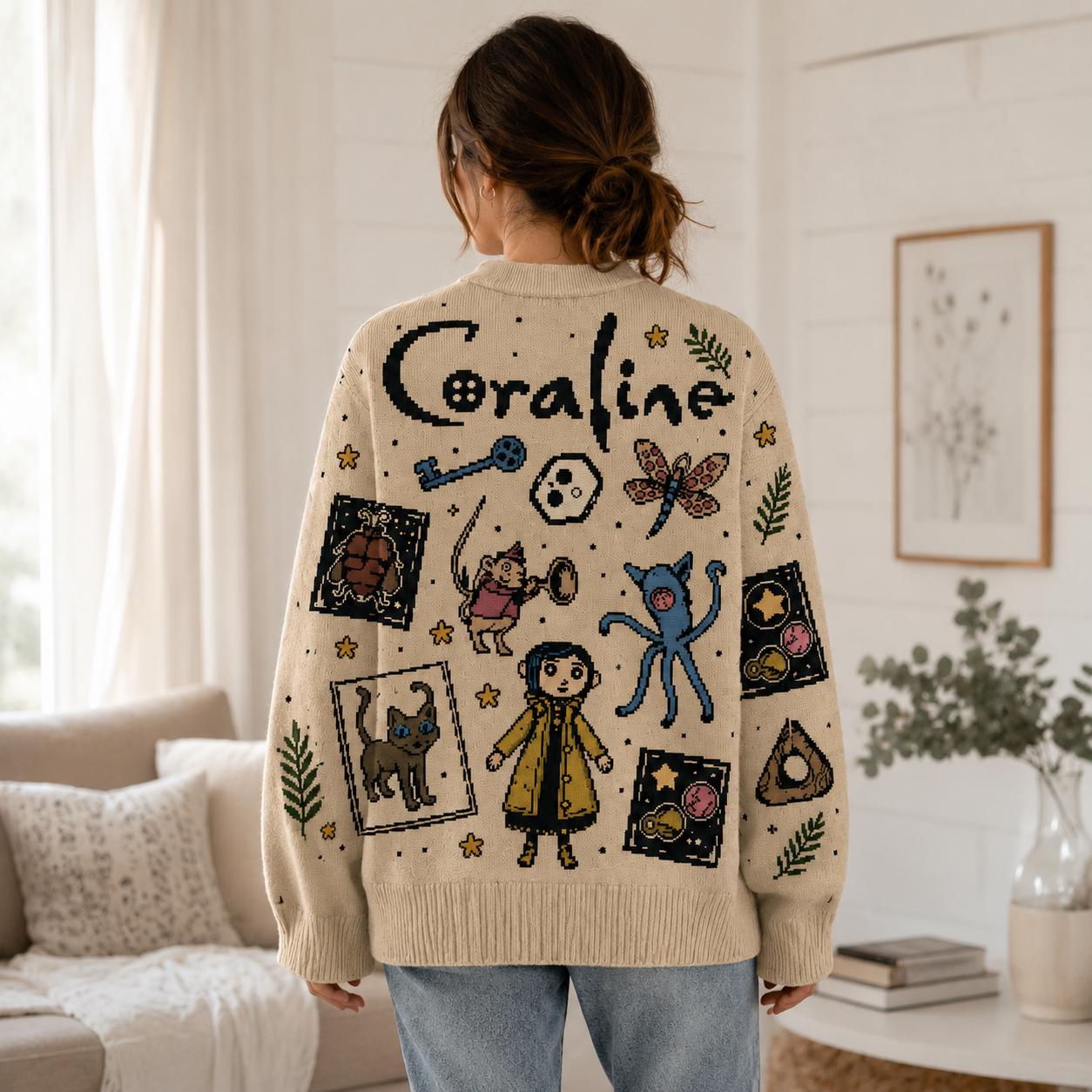 Dollcore Black Cat Cardigan, Button Eye Girl Blue Key and Oddity Artwork, Whimsigoth Y2K Sweater for Spooky Alt Fashion Outfit
