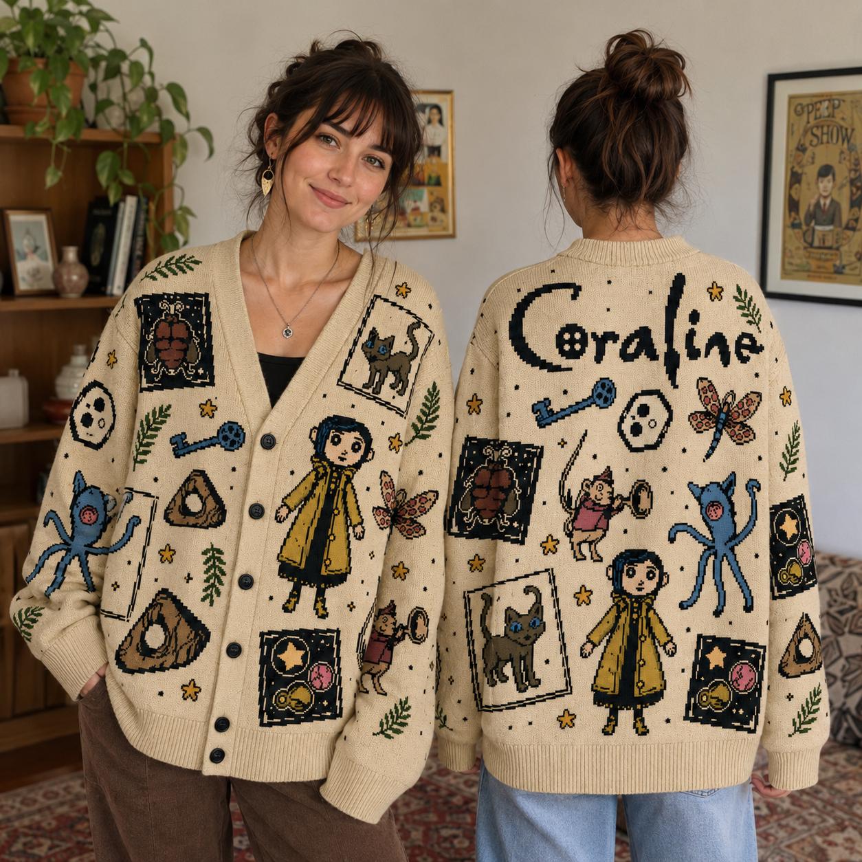 Dollcore Black Cat Cardigan, Button Eye Girl Blue Key and Oddity Artwork, Whimsigoth Y2K Sweater for Spooky Alt Fashion Outfit