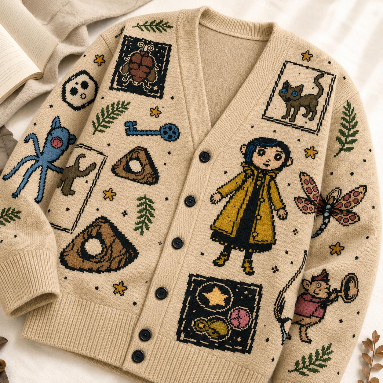 Dollcore Black Cat Cardigan, Button Eye Girl Blue Key and Oddity Artwork, Whimsigoth Y2K Sweater for Spooky Alt Fashion Outfit