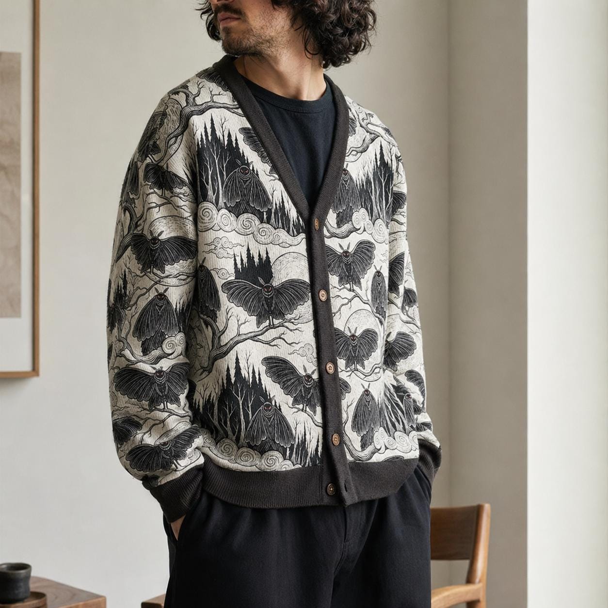 Mothman Cardigan Sweater, Cryptid Forest Illustration, Gothic Folklore Pattern, Dark Academia Layer for Horror Fans
