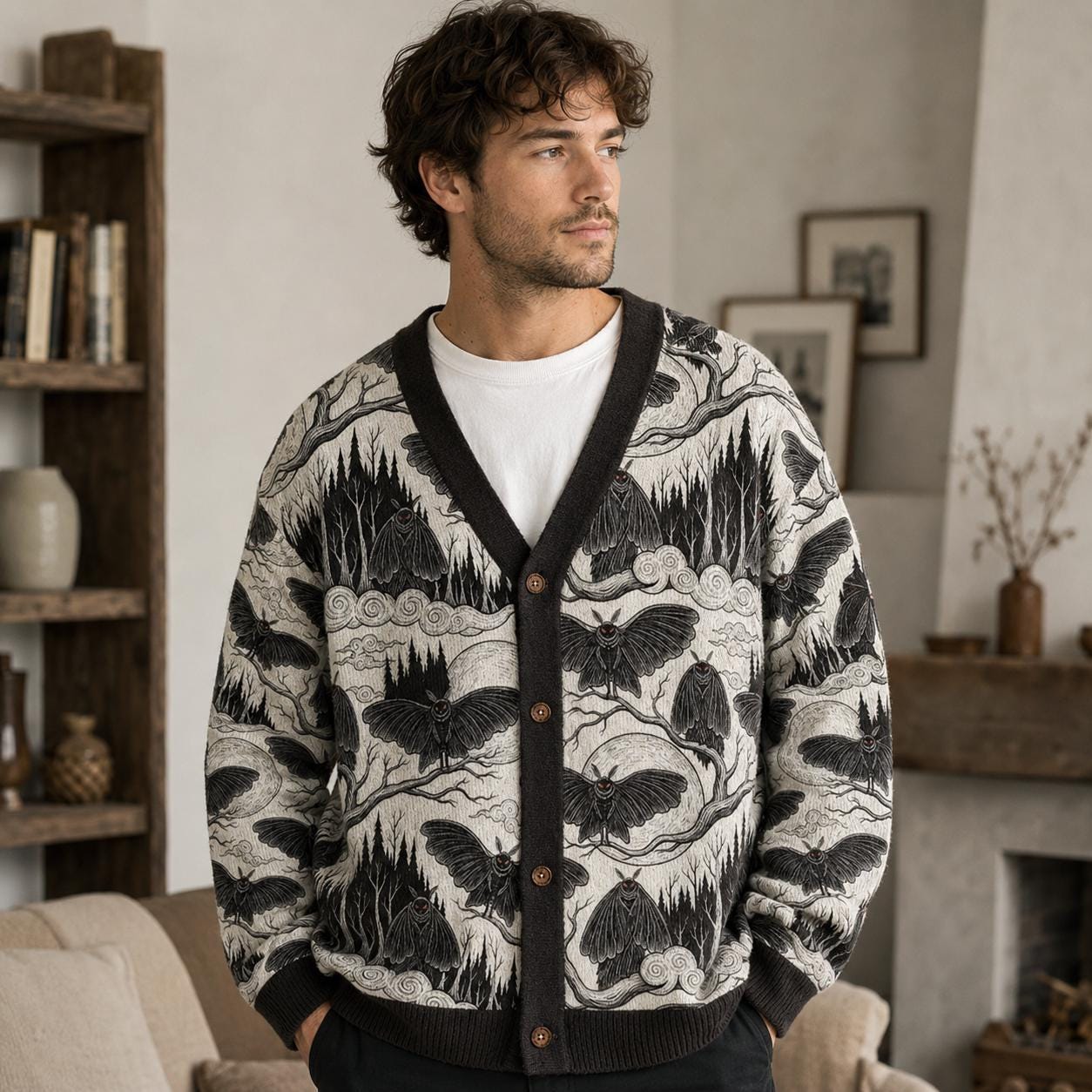 Mothman Cardigan Sweater, Cryptid Forest Illustration, Gothic Folklore Pattern, Dark Academia Layer for Horror Fans