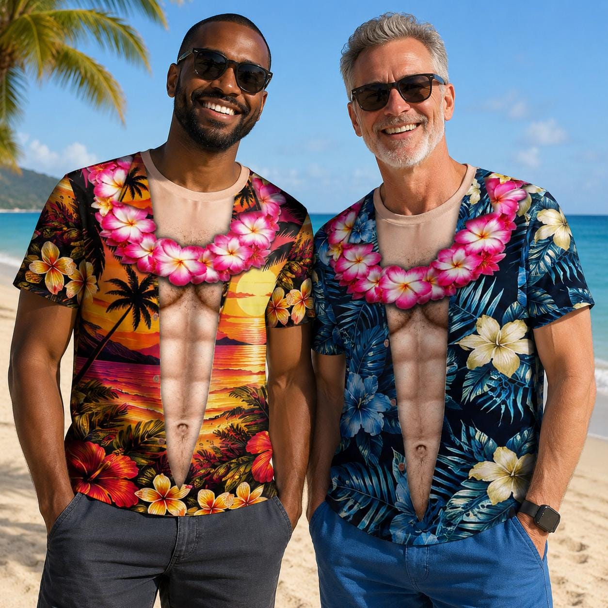 Funny Muscle Body Hawaiian Shirt for Men, Tropical Floral Costume, Bachelor Party Gag Gift