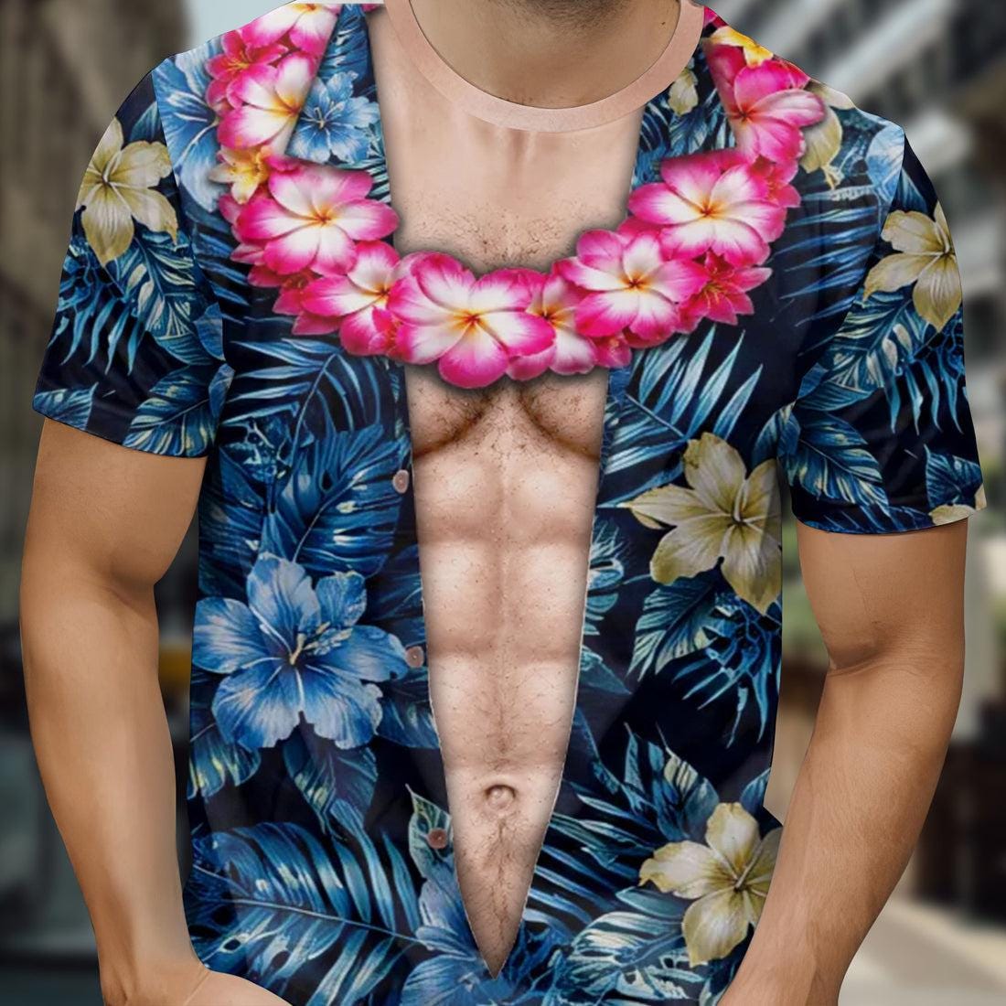 Funny Muscle Body Hawaiian Shirt for Men, Tropical Floral Costume, Bachelor Party Gag Gift