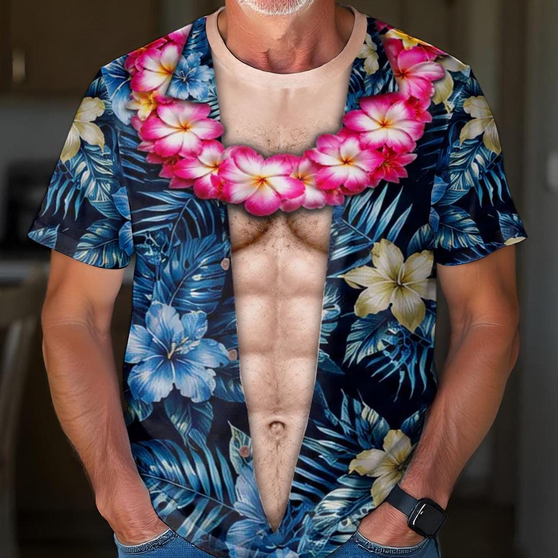 Funny Muscle Body Hawaiian Shirt for Men, Tropical Floral Costume, Bachelor Party Gag Gift