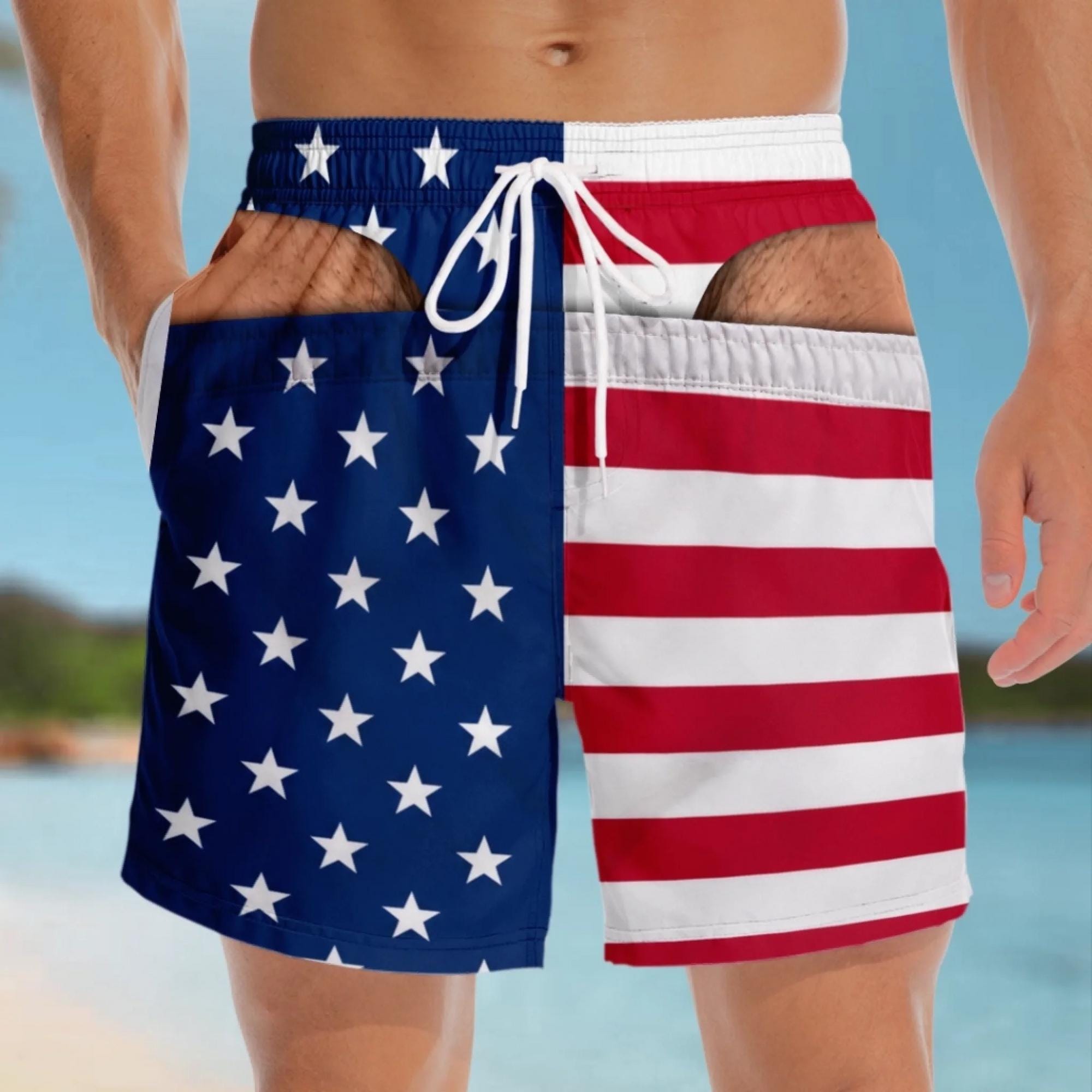Personalized Funny Peekaboo Swim Trunks, Novelty Beach Shorts for Men, Prank Bare Butt Design Summer Swimwear Gift