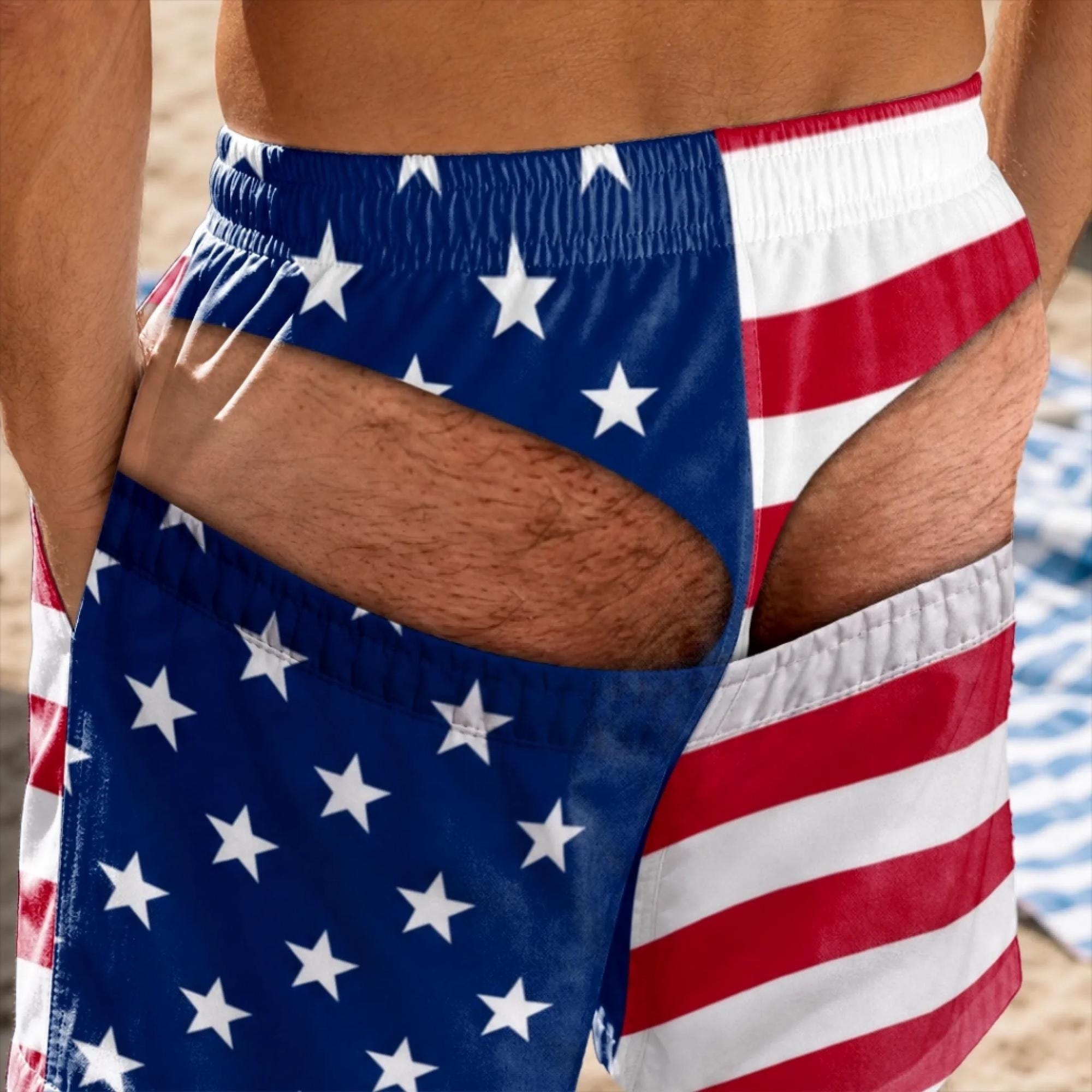 Personalized Funny Peekaboo Swim Trunks, Novelty Beach Shorts for Men, Prank Bare Butt Design Summer Swimwear Gift