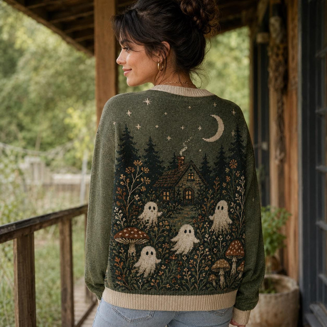 Forest Ghost Cardigan, Vintage Mushroom and Oak Leaf Artwork, Whimsigoth Cottagecore Sweater for Spooky Autumn Layering Style