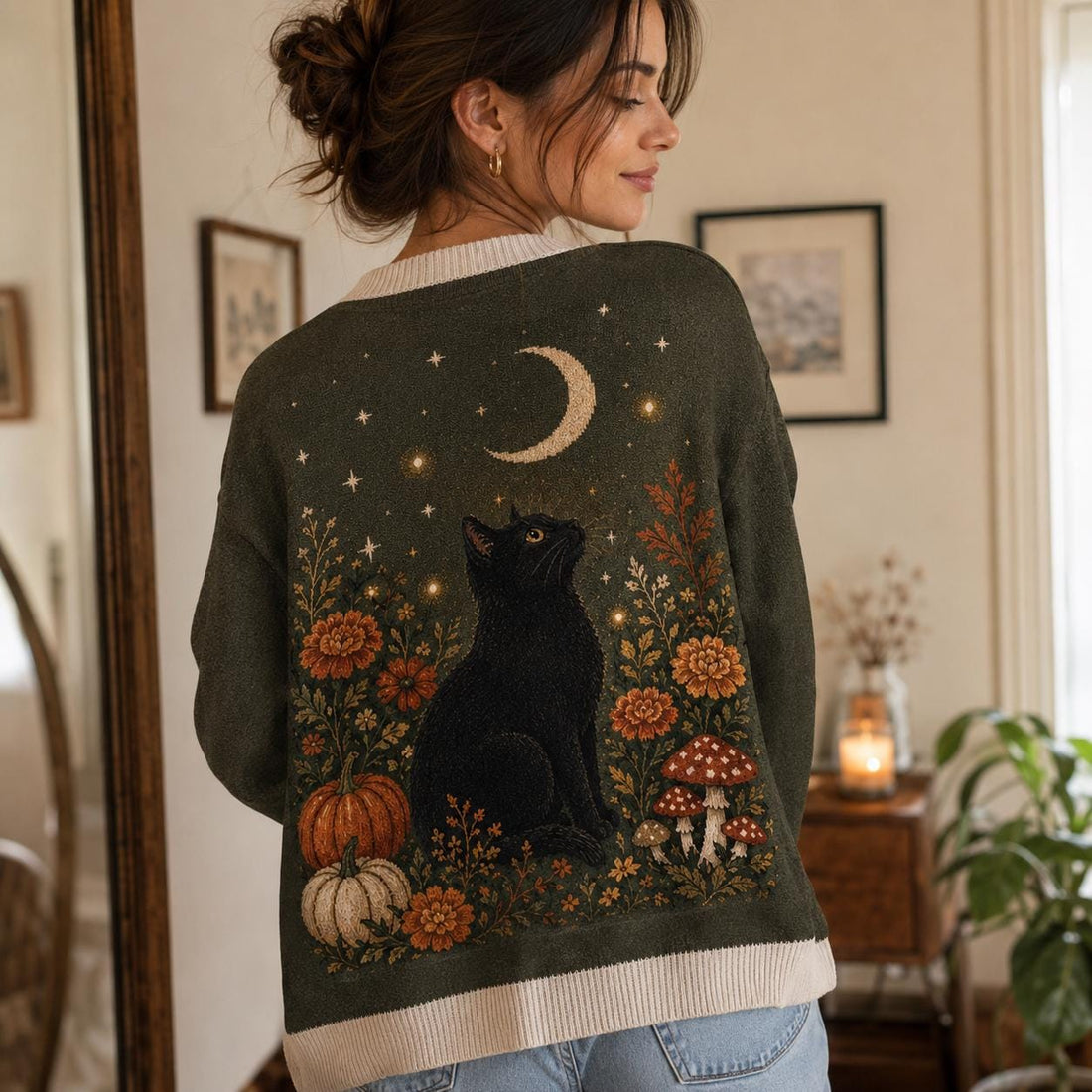 Woodland Cat Cardigan, Black Kittens Moon and Forest Botanicals, Whimsigoth Cottagecore Sweater for Cozy Autumn Layering Outfits