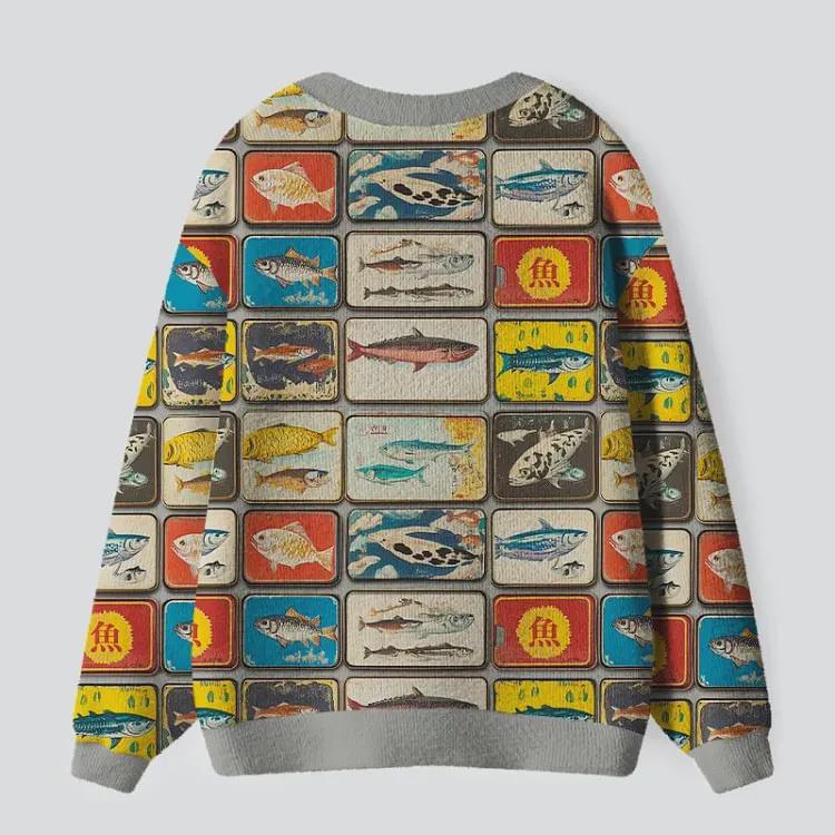 Vintage Fish Pattern Cardigan, Grandpacore Sweater, Retro Japanese Graphic Knitwear, Quirky Eclectic Clothing, Indie Streetwear Cardigan