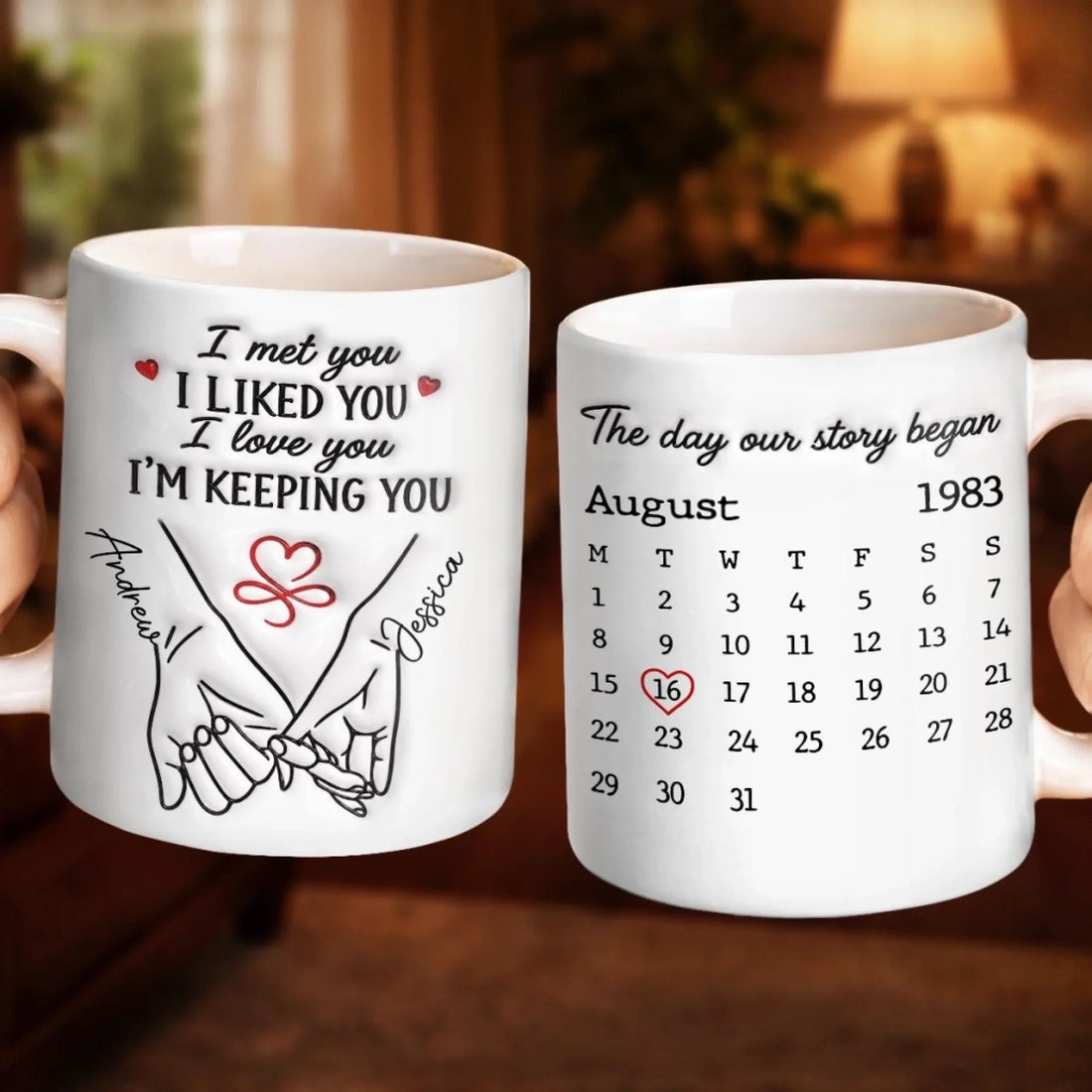 Personalized Anniversary Mug, Custom Names Date Calendar, Romantic Couple Coffee Cup Wedding Keepsake