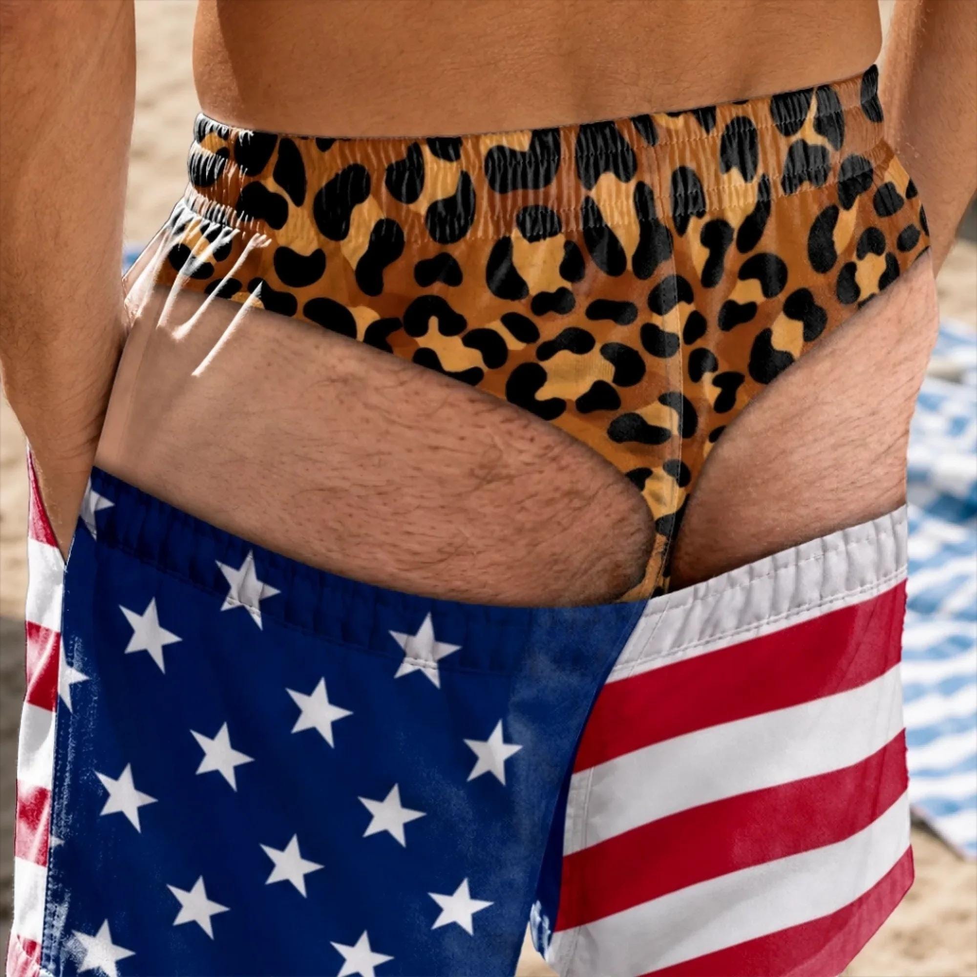 Funny Men’s Swim Trunks, Custom Fake Underwear Beach Shorts, Wide Load Birthday Gag Gift For Him