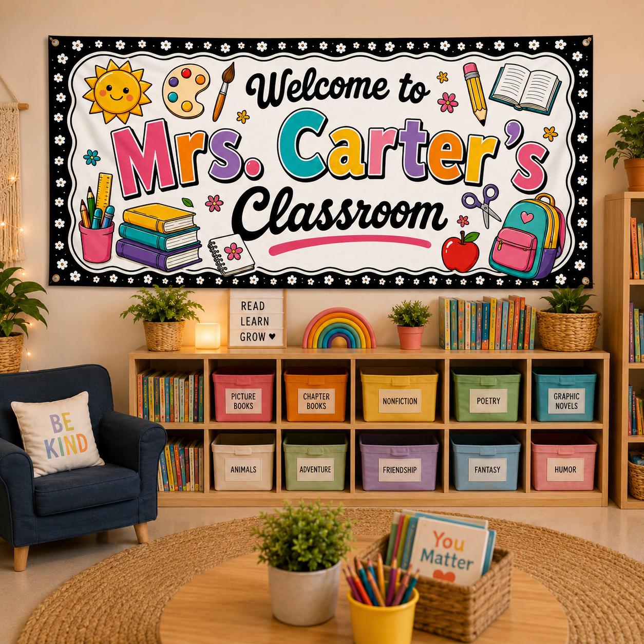 Personalized Classroom Banner, Custom Teacher Name Sign, Colorful Back to School Wall Decor Gift