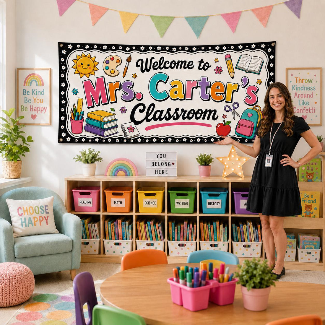 Personalized Classroom Banner, Custom Teacher Name Sign, Colorful Back to School Wall Decor Gift