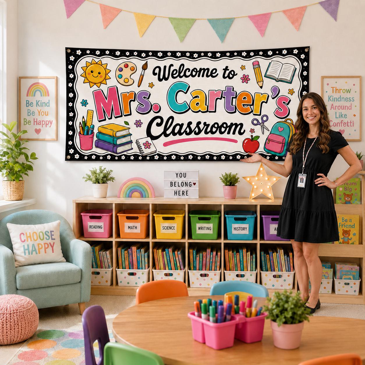 Personalized Classroom Banner, Custom Teacher Name Sign, Colorful Back to School Wall Decor Gift