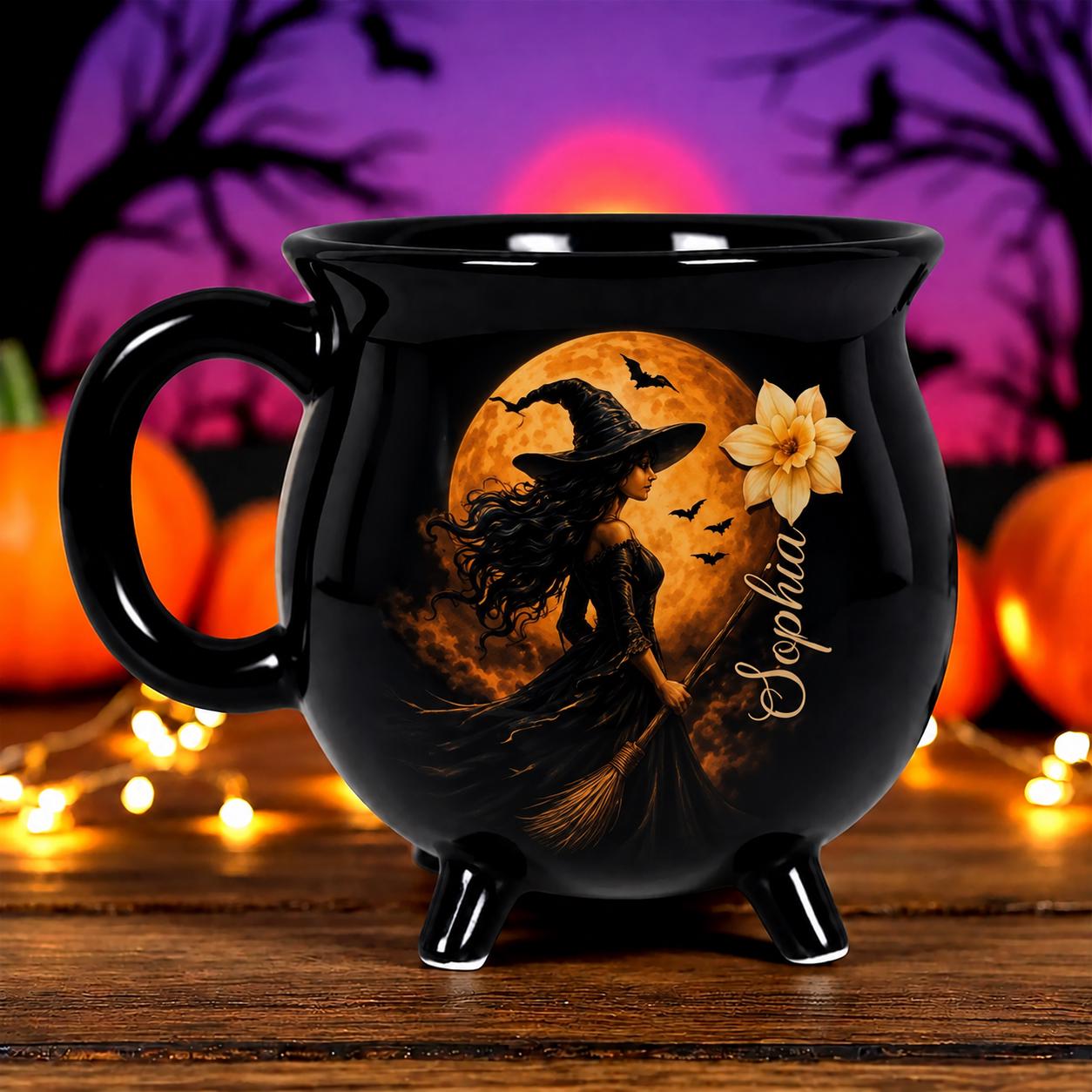 Witch Cauldron Mug, Custom Name Halloween Coffee Cup, Gothic Witchy Gift for Her