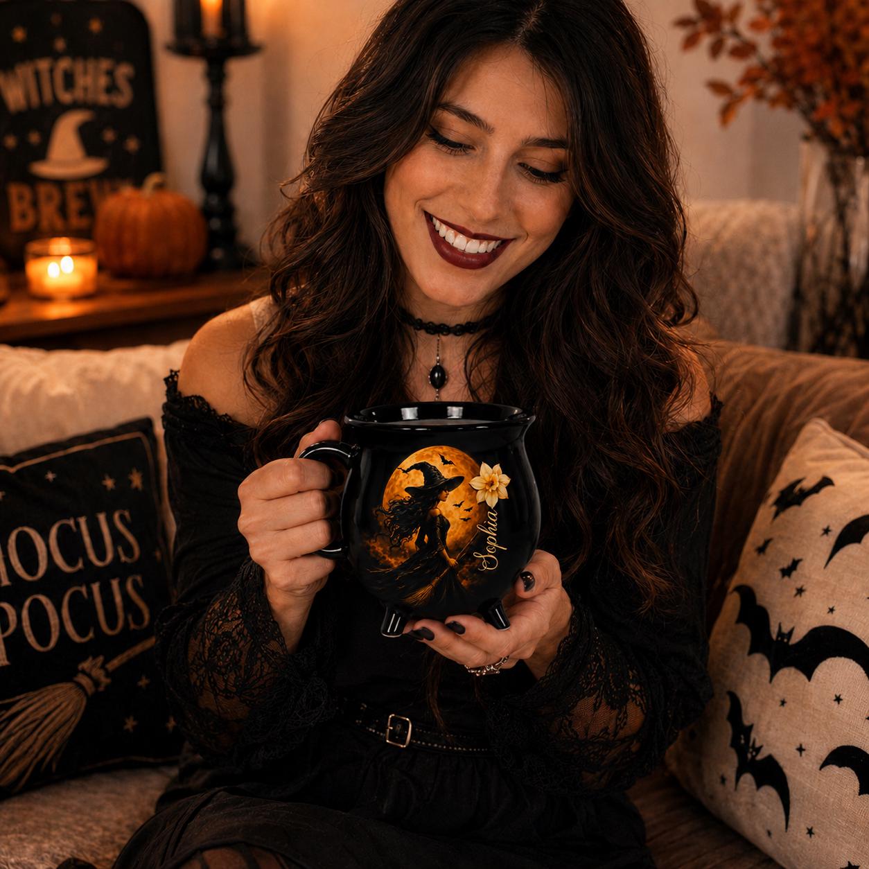 Witch Cauldron Mug, Custom Name Halloween Coffee Cup, Gothic Witchy Gift for Her