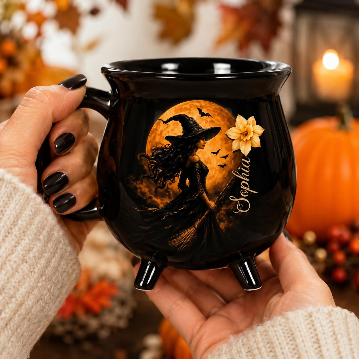 Witch Cauldron Mug, Custom Name Halloween Coffee Cup, Gothic Witchy Gift for Her