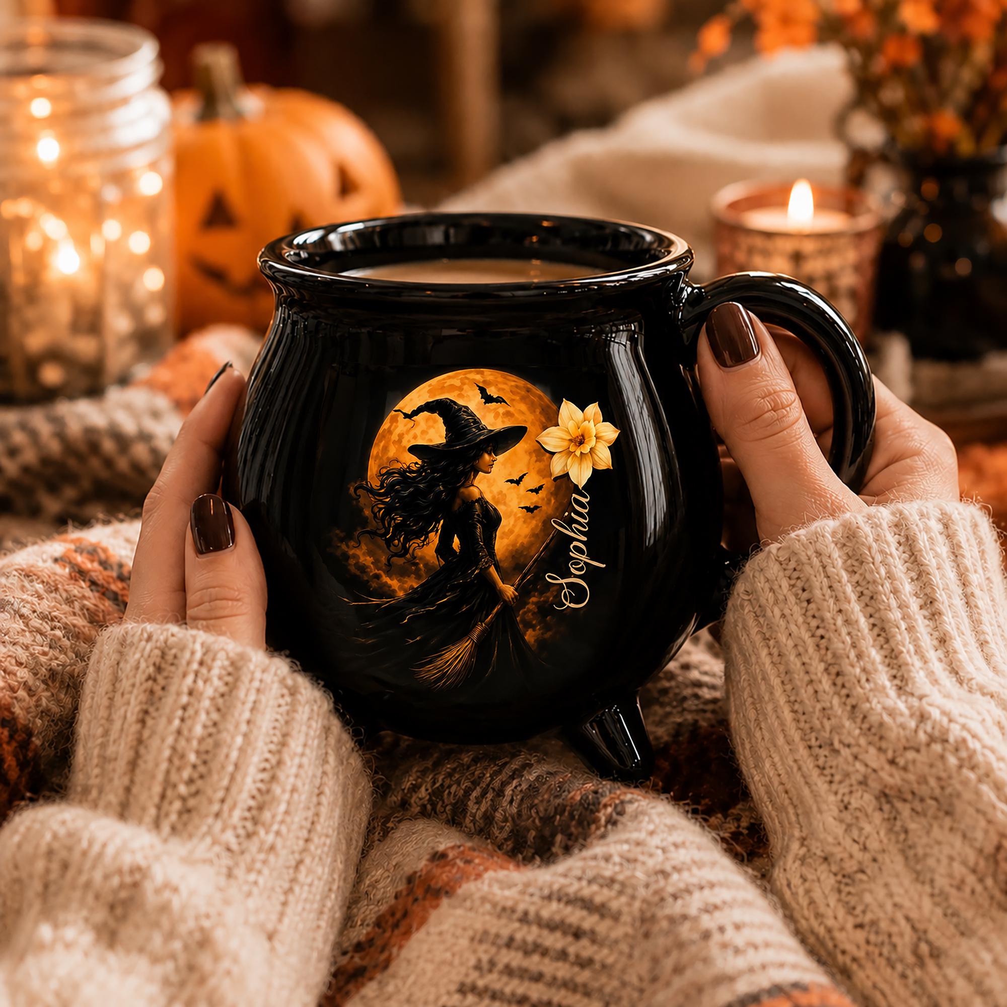 Witch Cauldron Mug, Custom Name Halloween Coffee Cup, Gothic Witchy Gift for Her